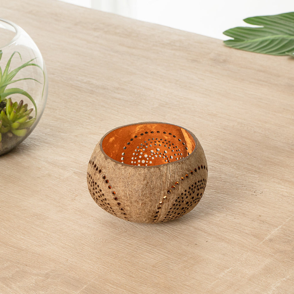 Coco Casa Tan Handmade Coconut Shell Candle Holder - Rainbow Pattern - 4" x 4" x 3 1/4" - 10 count box