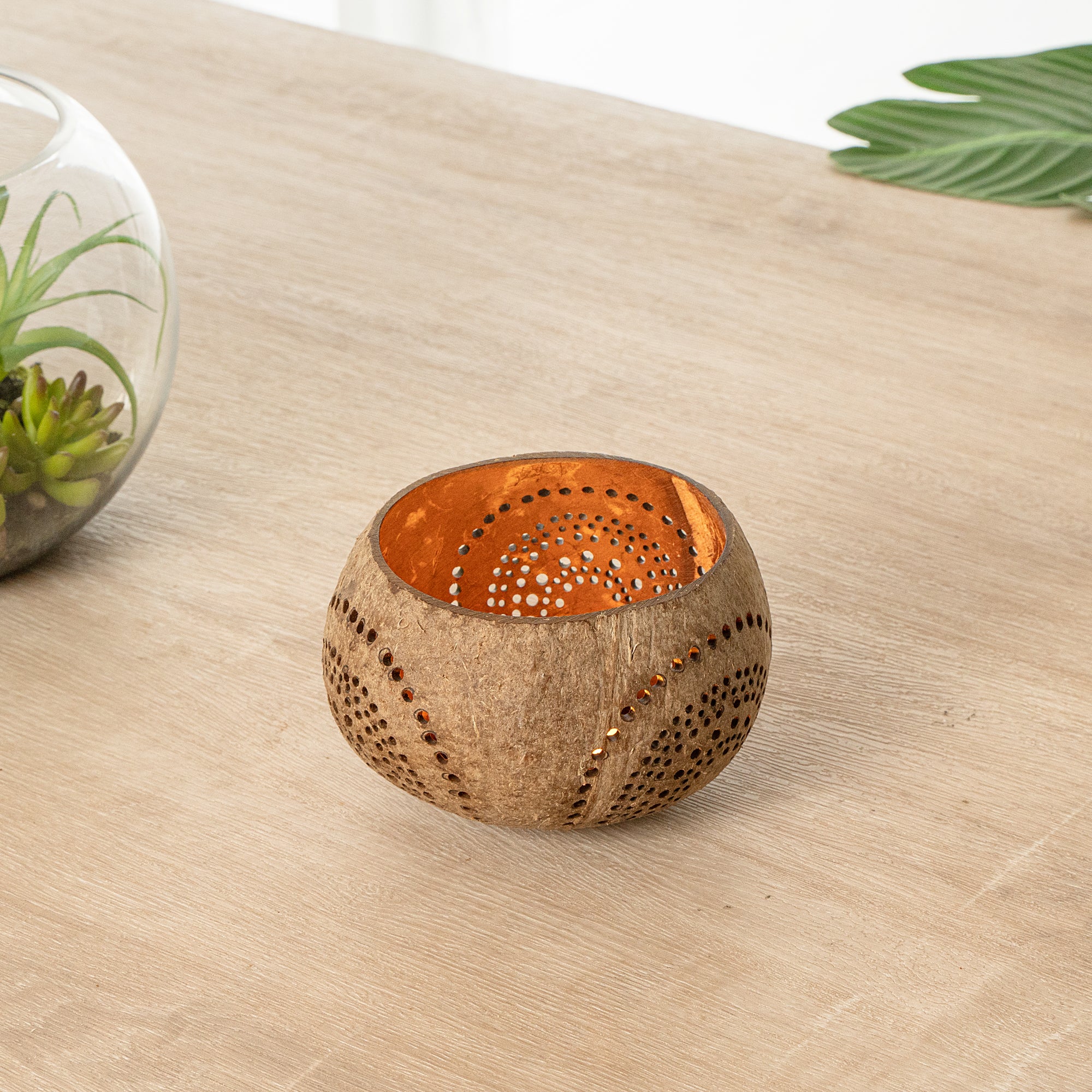 Coco Casa Tan Handmade Coconut Shell Candle Holder - Rainbow Pattern - 4" x 4" x 3 1/4" - 10 count box