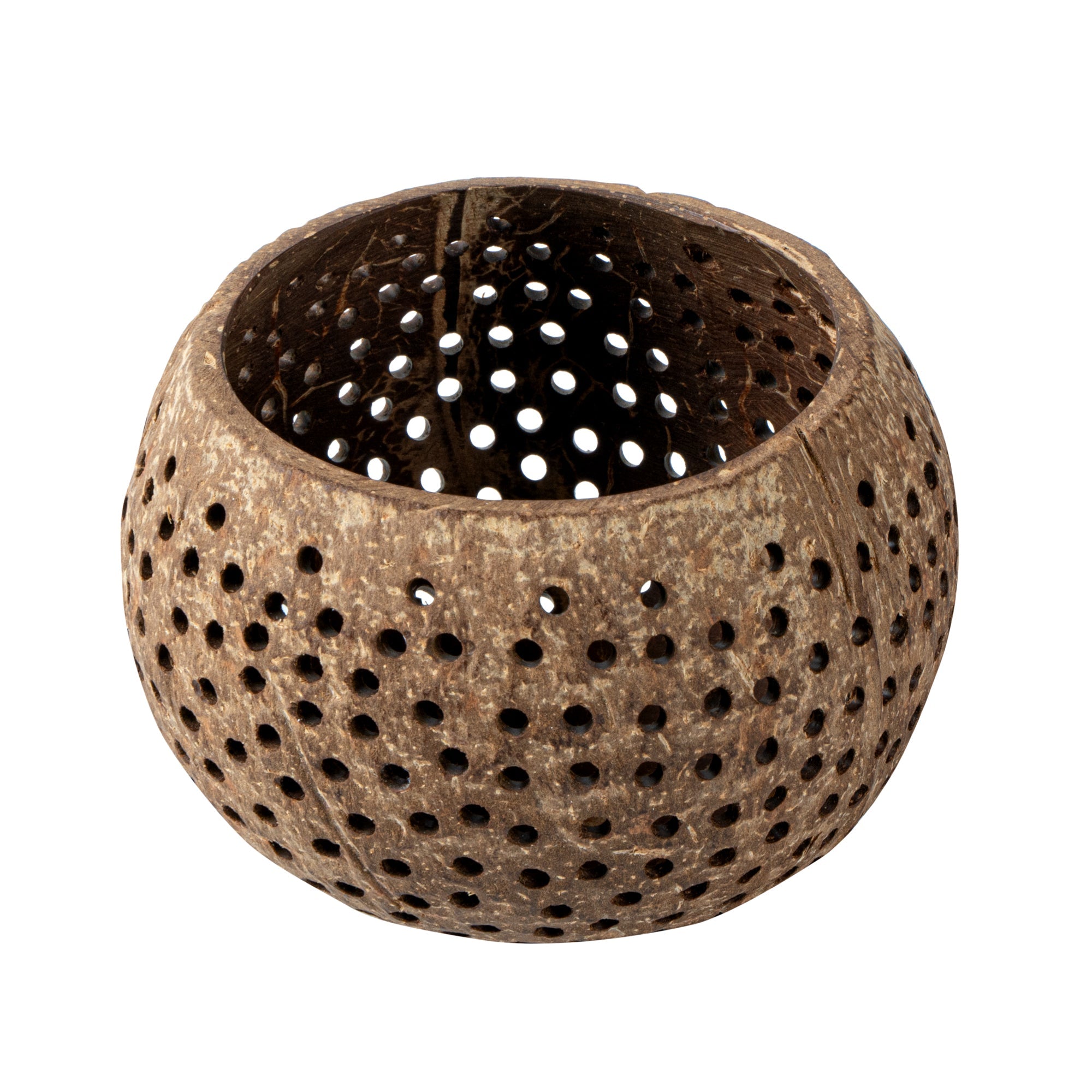 Coco Casa Tan Handmade Coconut Shell Candle Holder - Dotted Pattern - 4" x 4" x 3 1/4" - 1 count box