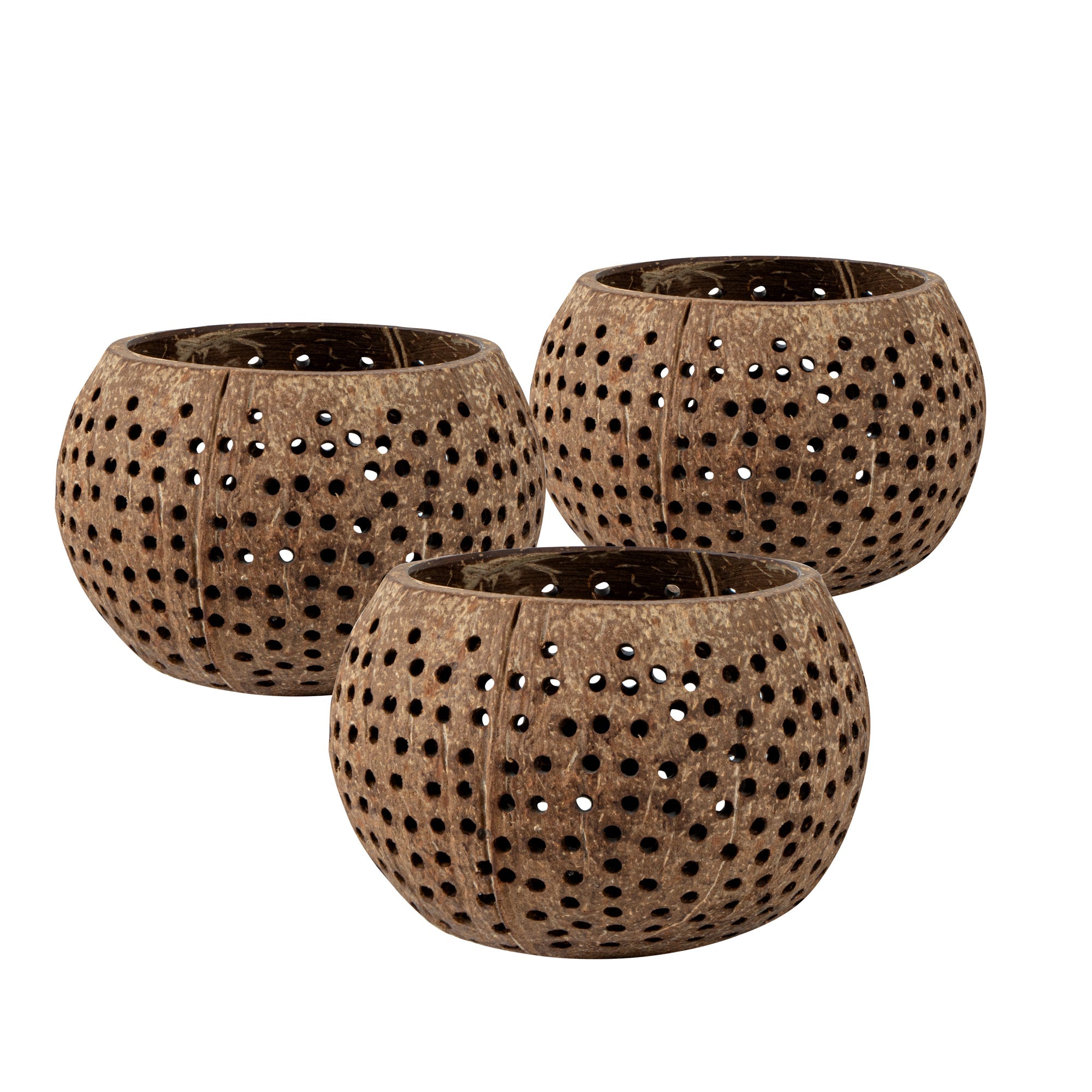 Coco Casa Tan Handmade Coconut Shell Candle Holder - Dotted Pattern - 4" x 4" x 3 1/4" - 1 count box