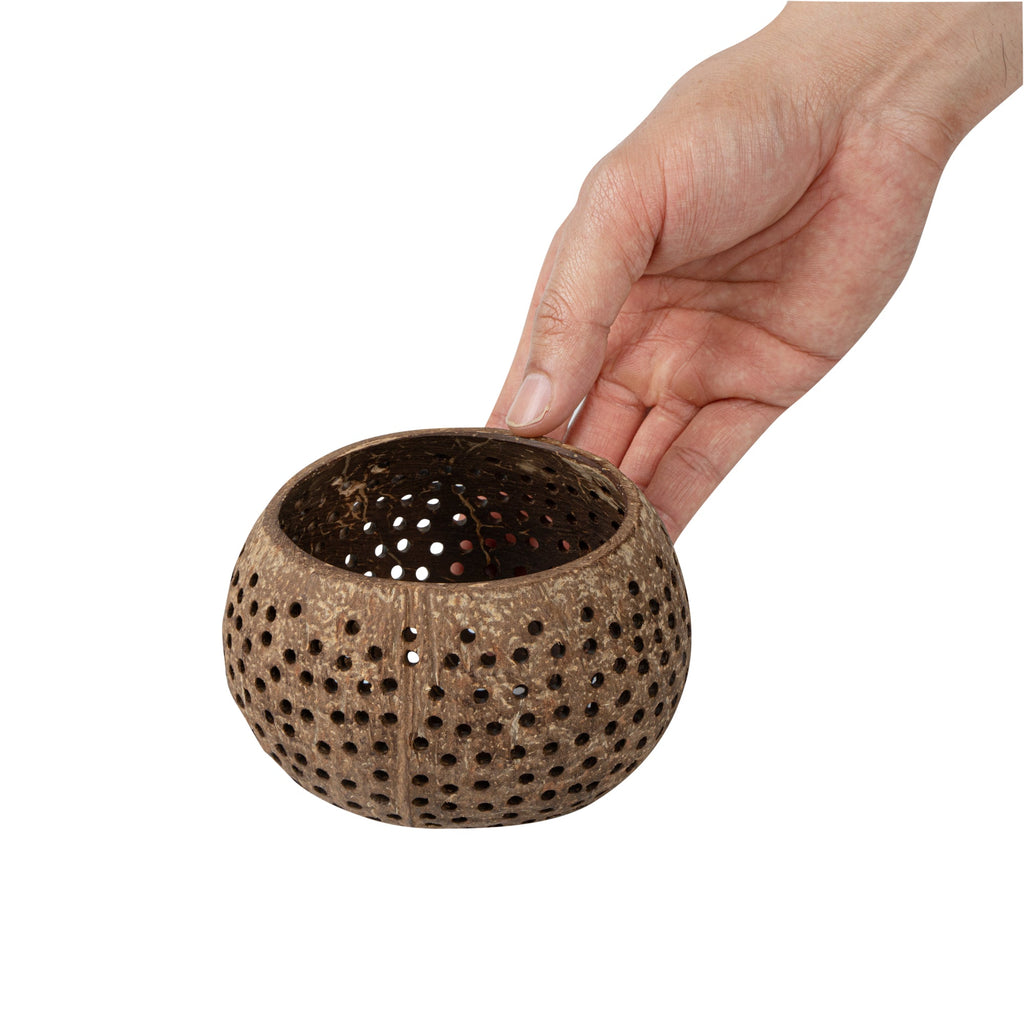 Coco Casa Tan Handmade Coconut Shell Candle Holder - Dotted Pattern - 4" x 4" x 3 1/4" - 1 count box
