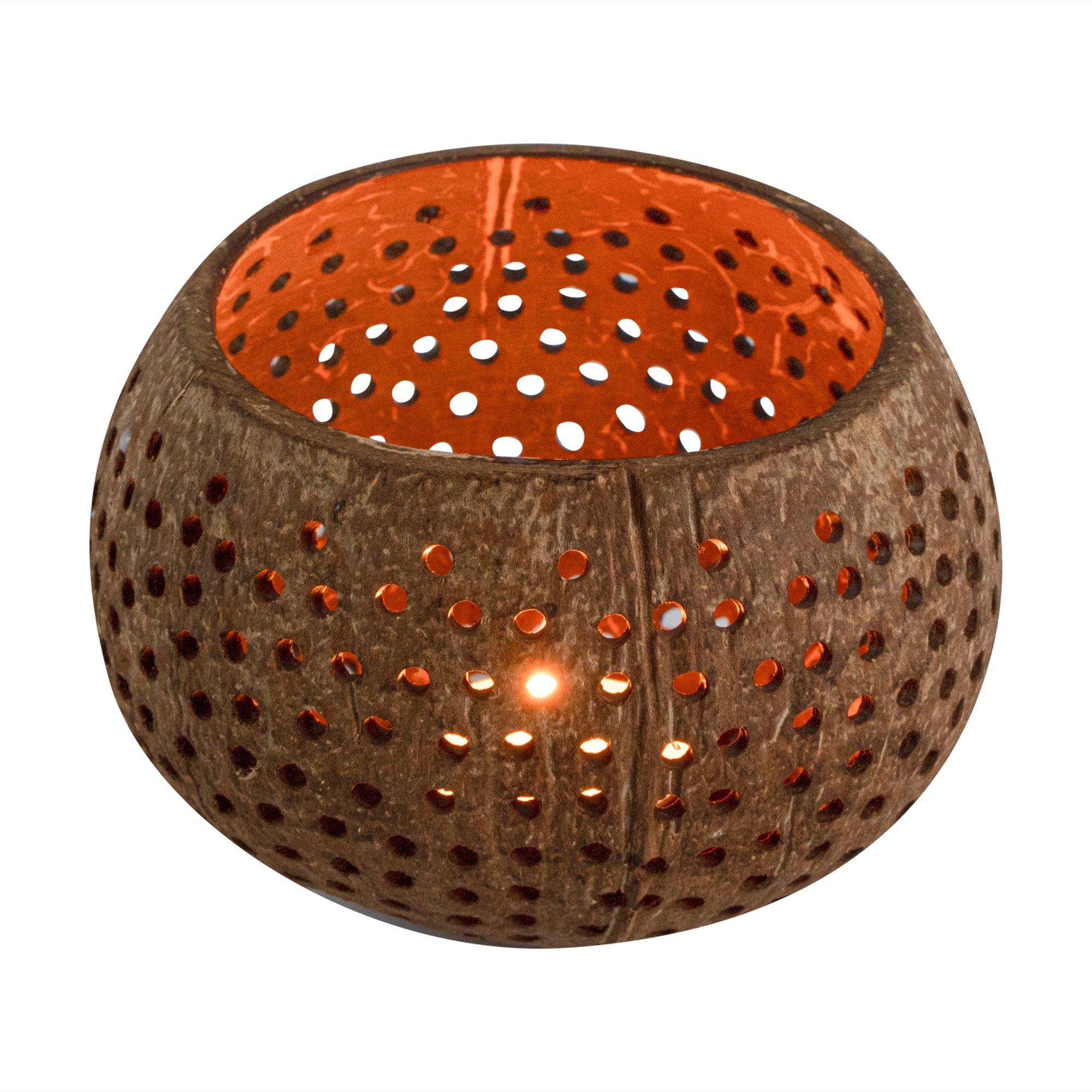 Coco Casa Tan Handmade Coconut Shell Candle Holder - Dotted Pattern - 4" x 4" x 3 1/4" - 1 count box