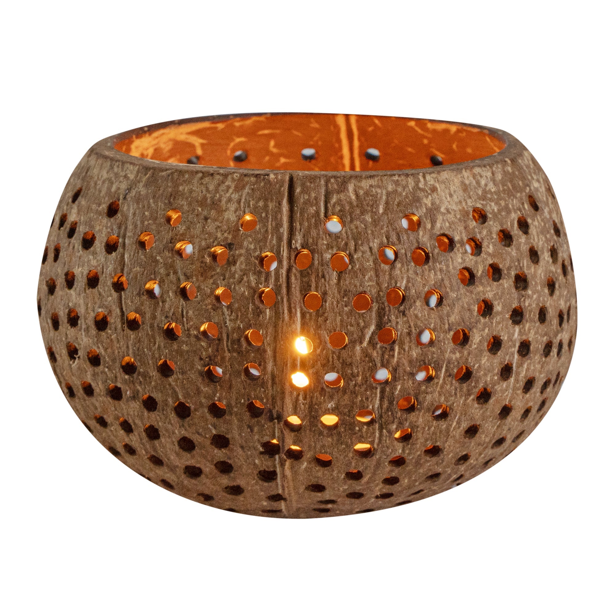 Coco Casa Tan Handmade Coconut Shell Candle Holder - Dotted Pattern - 4" x 4" x 3 1/4" - 1 count box