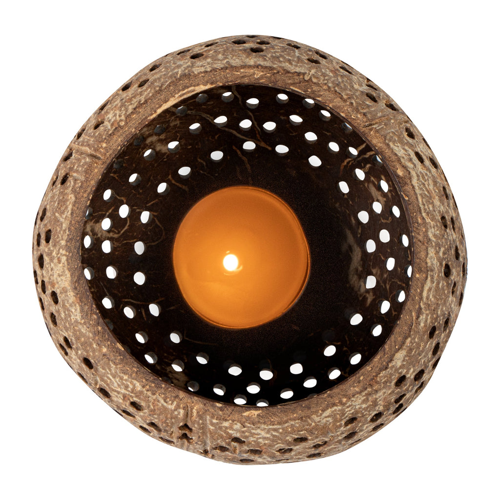 Coco Casa Tan Handmade Coconut Shell Candle Holder - Dotted Pattern - 4" x 4" x 3 1/4" - 1 count box