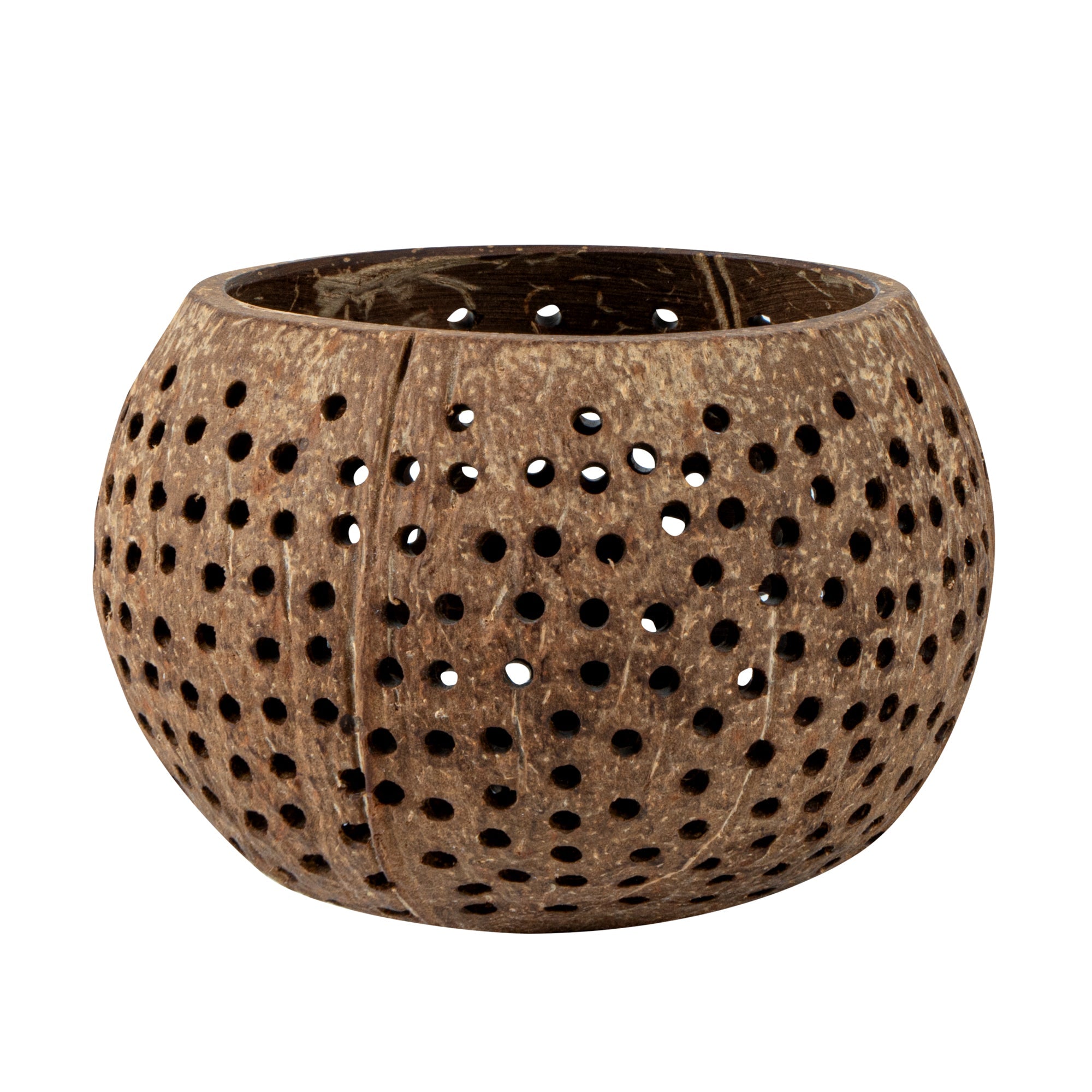 Coco Casa Tan Handmade Coconut Shell Candle Holder - Dotted Pattern - 4" x 4" x 3 1/4" - 1 count box
