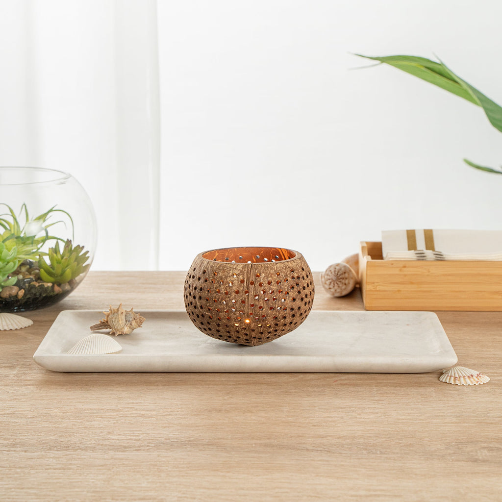 Coco Casa Tan Handmade Coconut Shell Candle Holder - Dotted Pattern - 4" x 4" x 3 1/4" - 1 count box