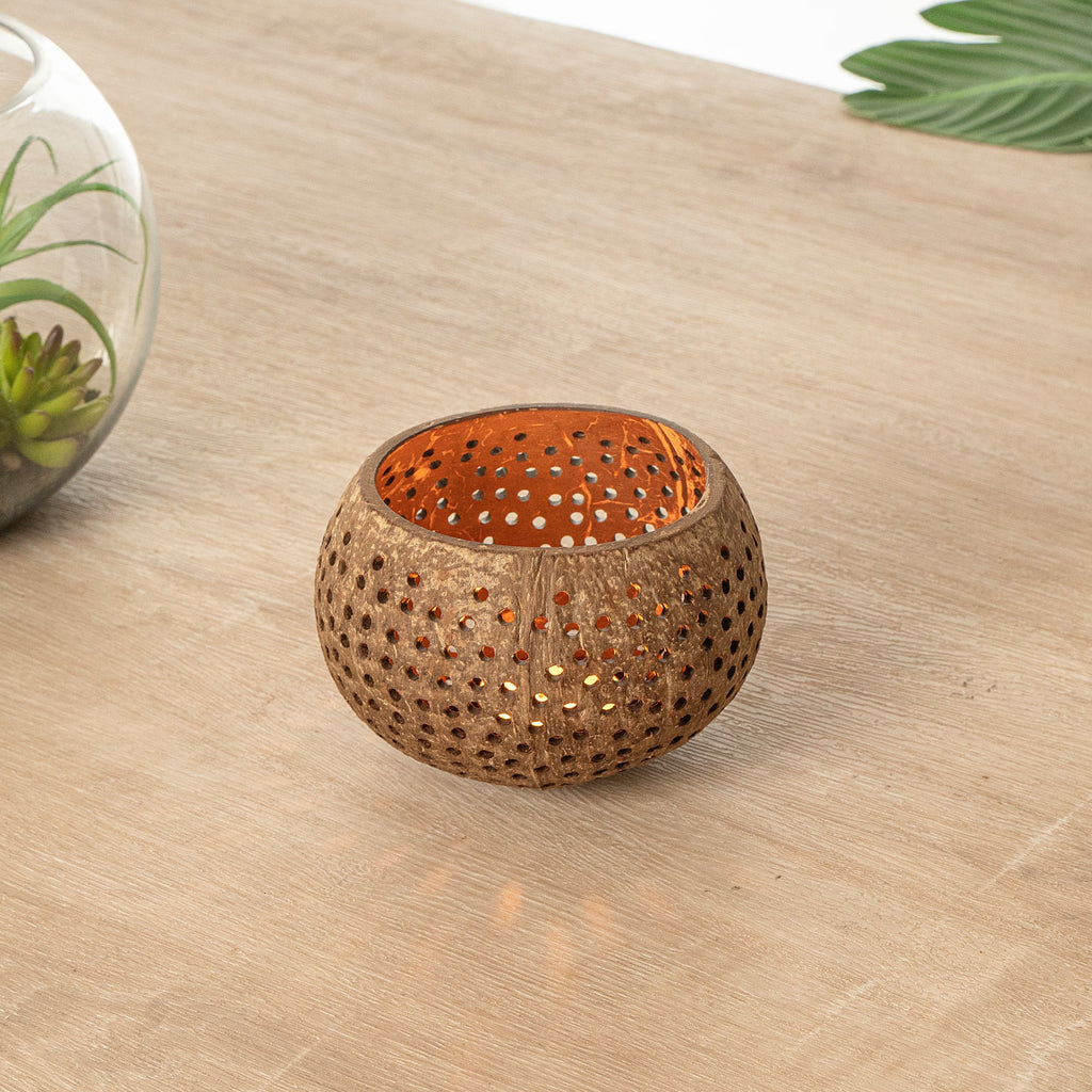 Coco Casa Tan Handmade Coconut Shell Candle Holder - Dotted Pattern - 4" x 4" x 3 1/4" - 1 count box