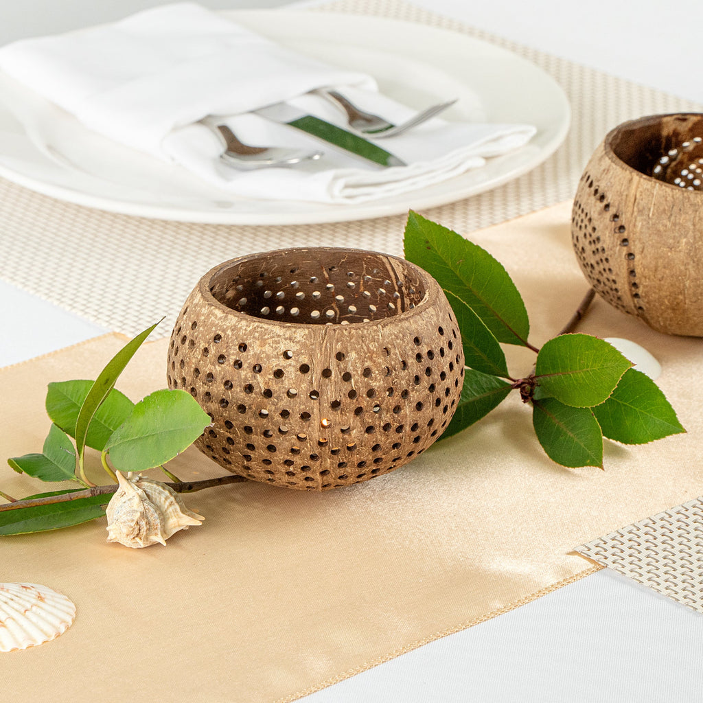 Coco Casa Tan Handmade Coconut Shell Candle Holder - Dotted Pattern - 4" x 4" x 3 1/4" - 1 count box