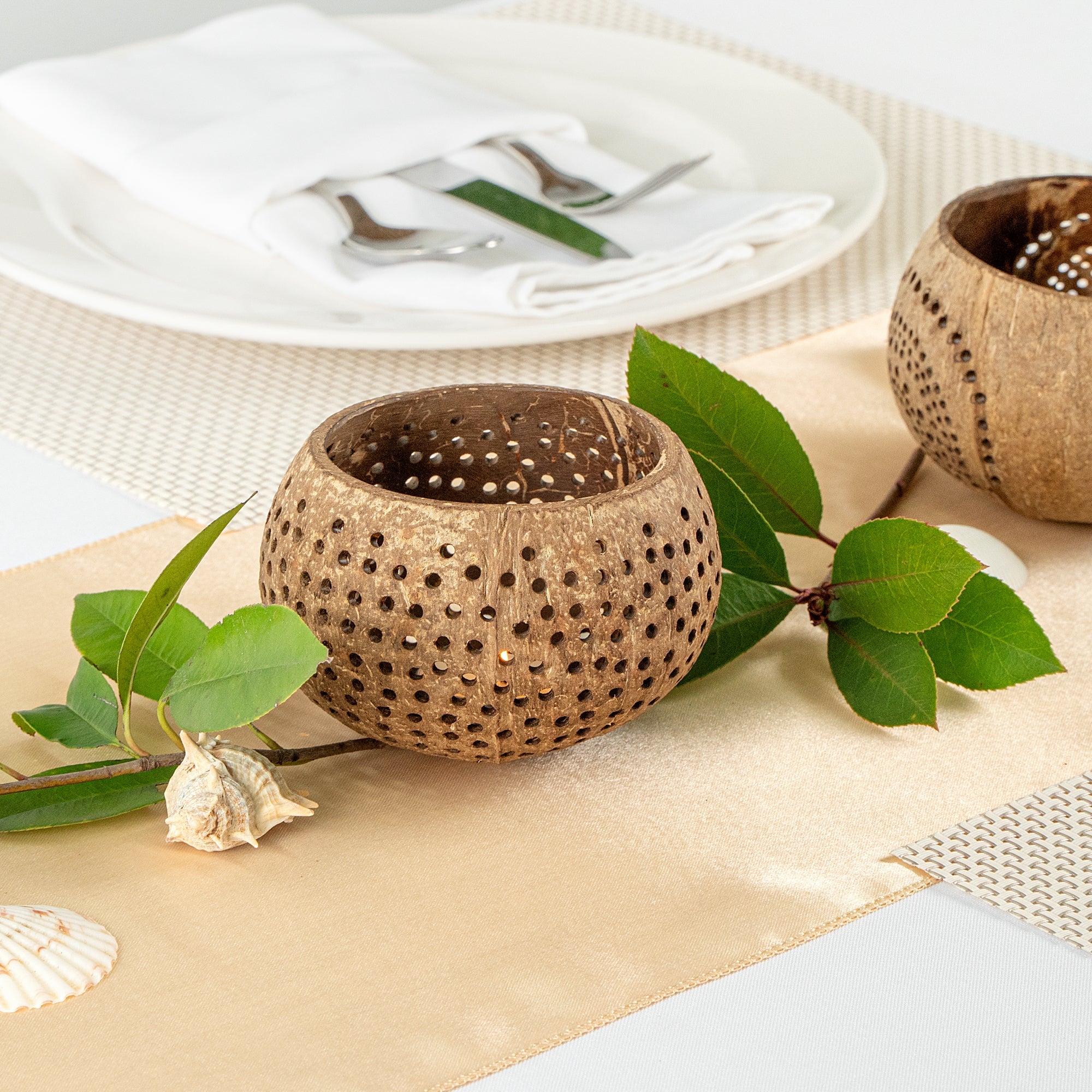 Coco Casa Tan Handmade Coconut Shell Candle Holder - Dotted Pattern - 4" x 4" x 3 1/4" - 1 count box