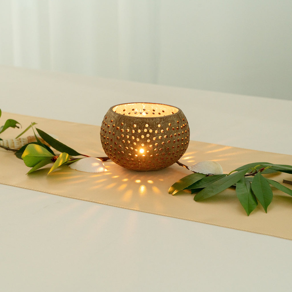 Coco Casa Tan Handmade Coconut Shell Candle Holder - Dotted Pattern - 4" x 4" x 3 1/4" - 1 count box