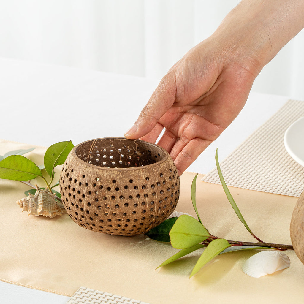 Coco Casa Tan Handmade Coconut Shell Candle Holder - Dotted Pattern - 4" x 4" x 3 1/4" - 10 count box