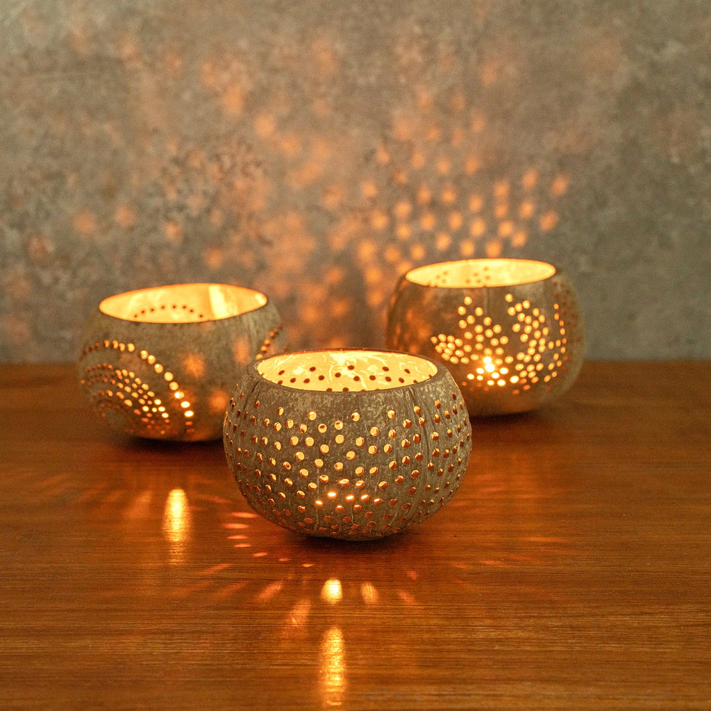 Coco Casa Tan Handmade Coconut Shell Candle Holder - Dotted Pattern - 4" x 4" x 3 1/4" - 10 count box