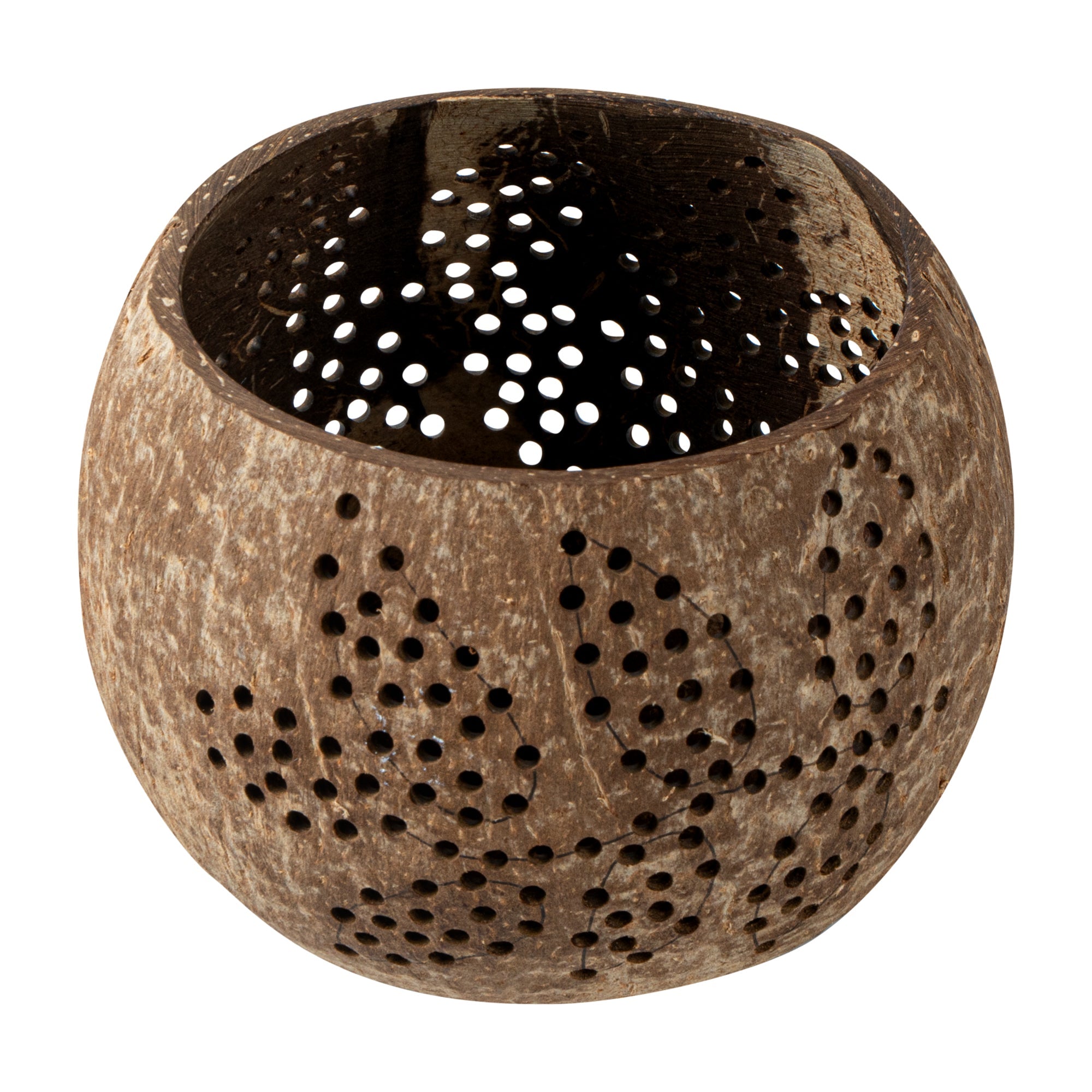 Coco Casa Brown Handmade Coconut Shell Candle Holder - Leaf Pattern - 4" x 4" x 3 1/4" - 1 count box