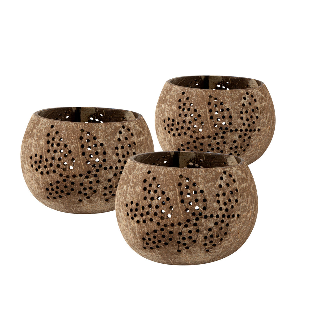 Coco Casa Brown Handmade Coconut Shell Candle Holder - Leaf Pattern - 4" x 4" x 3 1/4" - 1 count box