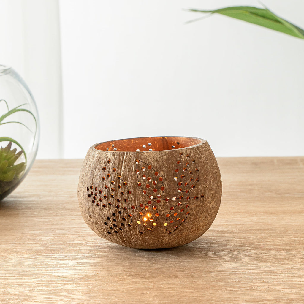 Coco Casa Brown Handmade Coconut Shell Candle Holder - Leaf Pattern - 4" x 4" x 3 1/4" - 1 count box
