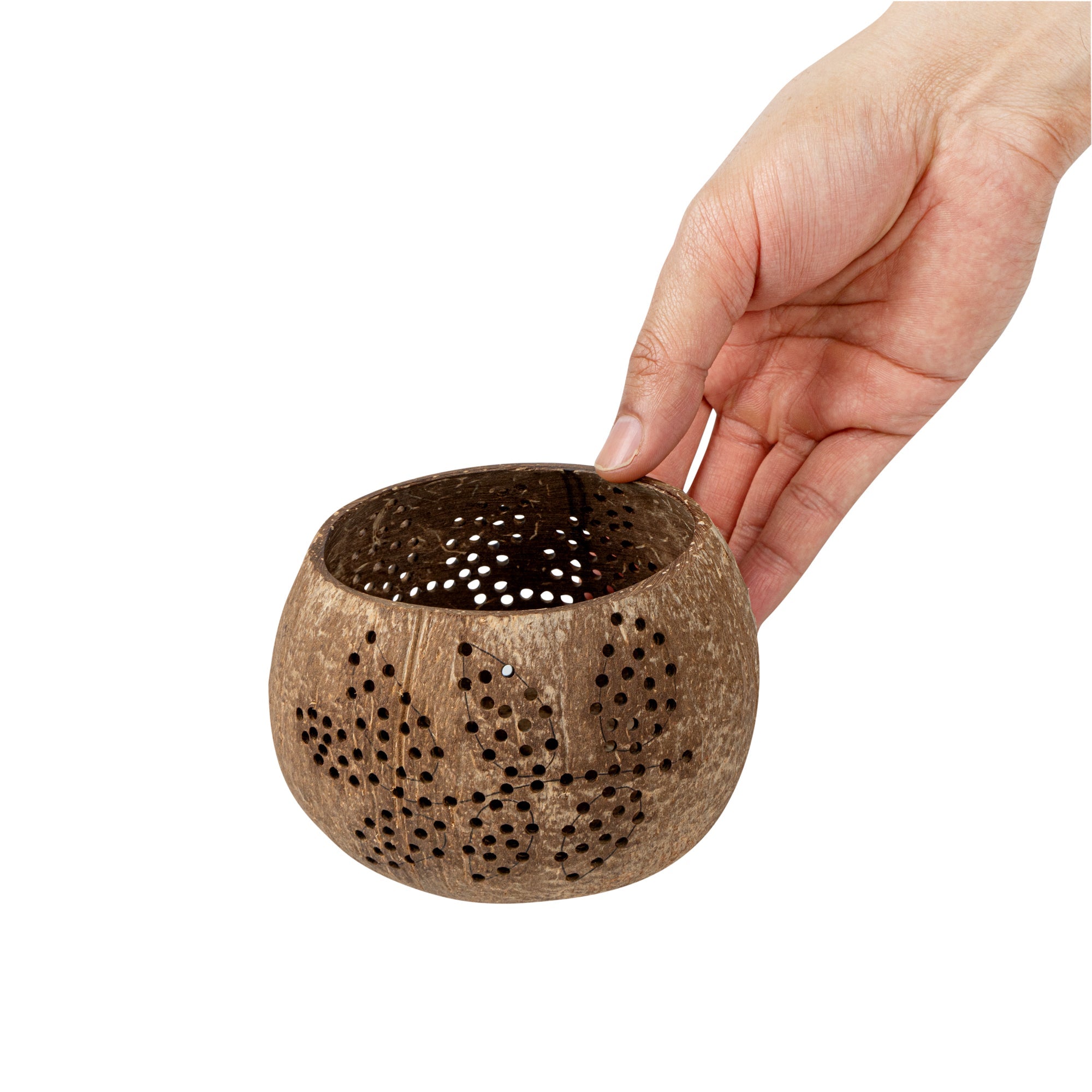 Coco Casa Brown Handmade Coconut Shell Candle Holder - Leaf Pattern - 4" x 4" x 3 1/4" - 1 count box