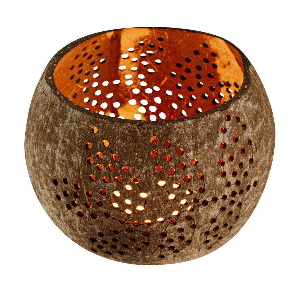 Coco Casa Brown Handmade Coconut Shell Candle Holder - Leaf Pattern - 4" x 4" x 3 1/4" - 1 count box