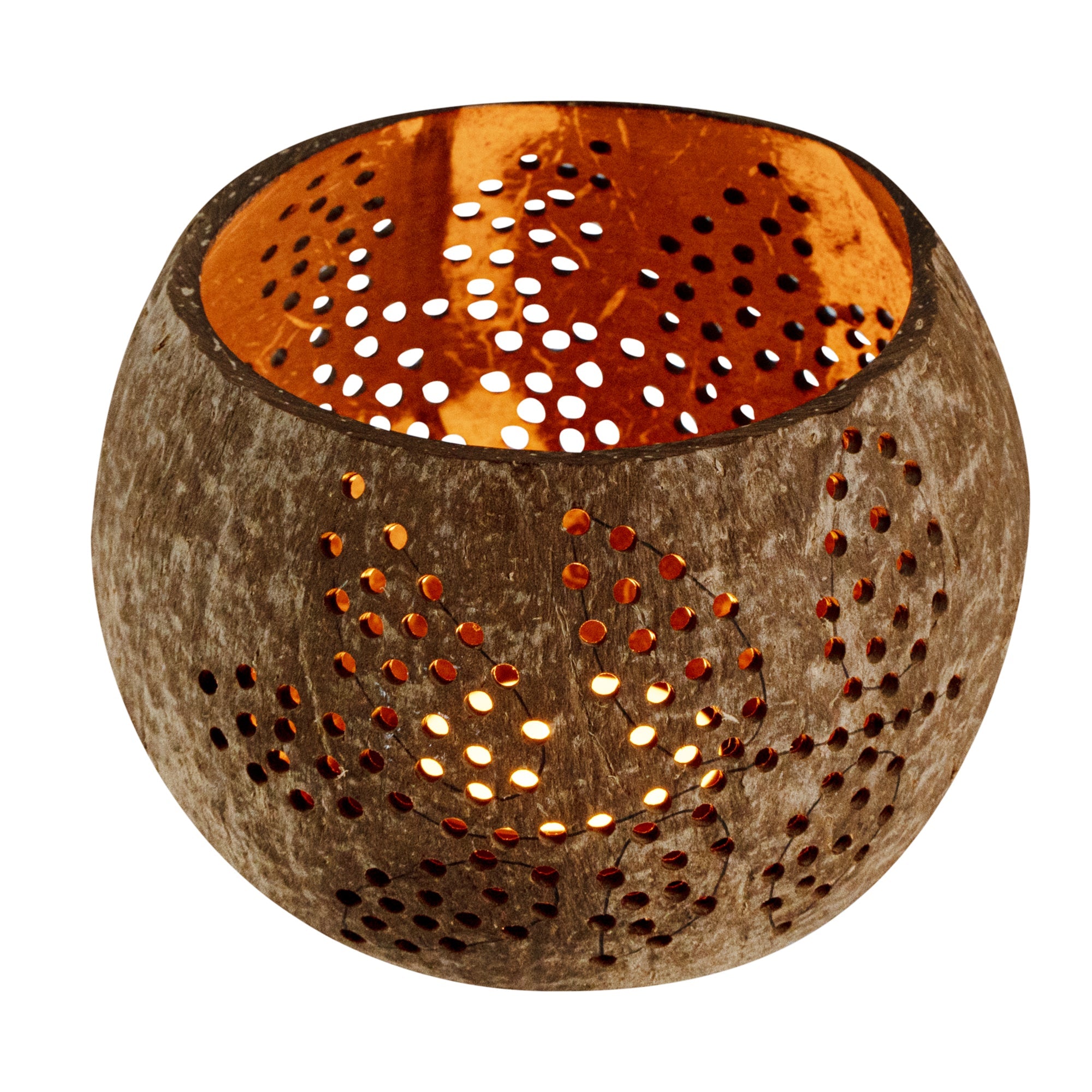 Coco Casa Brown Handmade Coconut Shell Candle Holder - Leaf Pattern - 4" x 4" x 3 1/4" - 1 count box