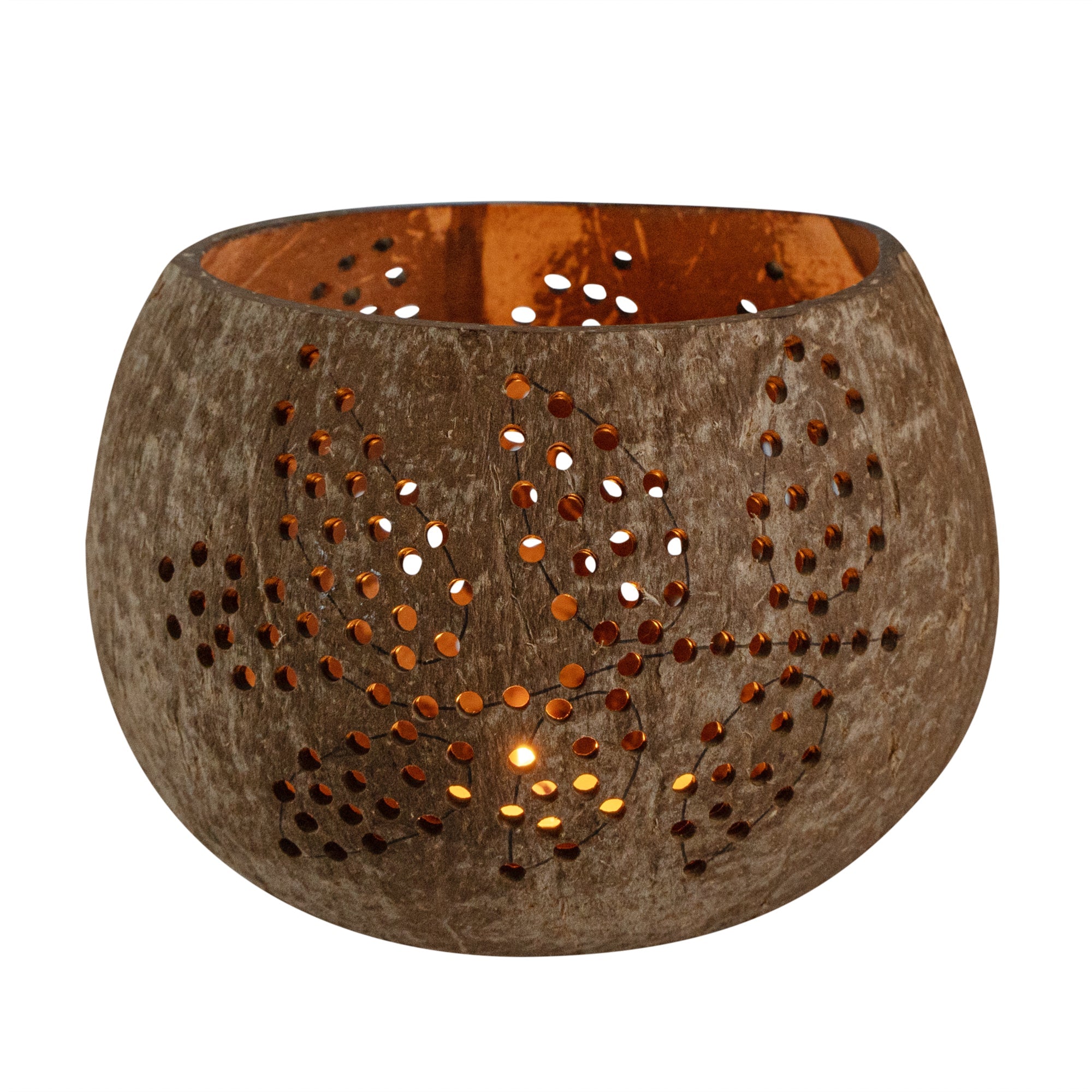 Coco Casa Brown Handmade Coconut Shell Candle Holder - Leaf Pattern - 4" x 4" x 3 1/4" - 1 count box