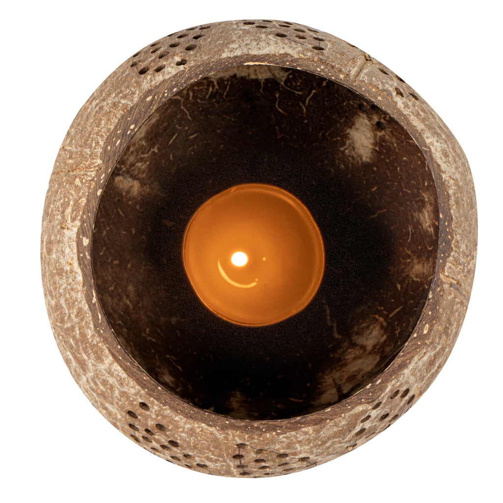 Coco Casa Brown Handmade Coconut Shell Candle Holder - Leaf Pattern - 4" x 4" x 3 1/4" - 1 count box