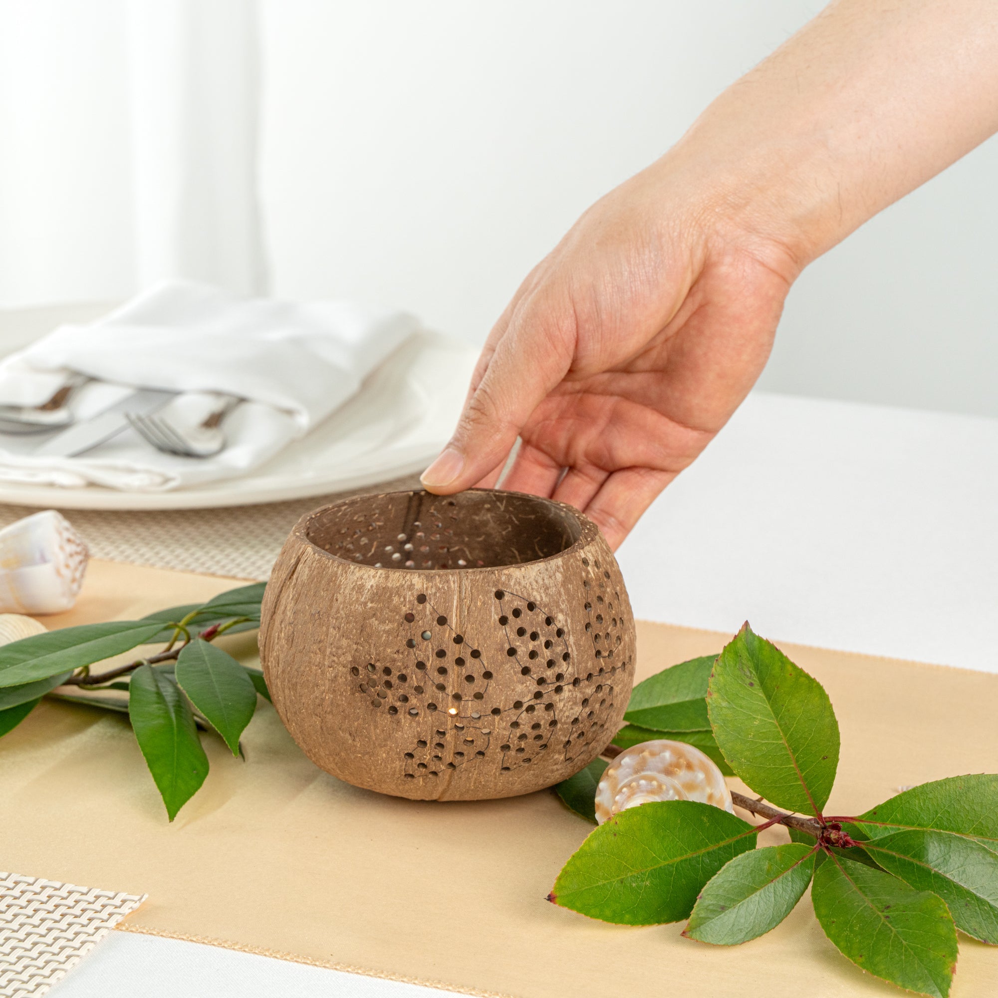 Coco Casa Brown Handmade Coconut Shell Candle Holder - Leaf Pattern - 4" x 4" x 3 1/4" - 1 count box