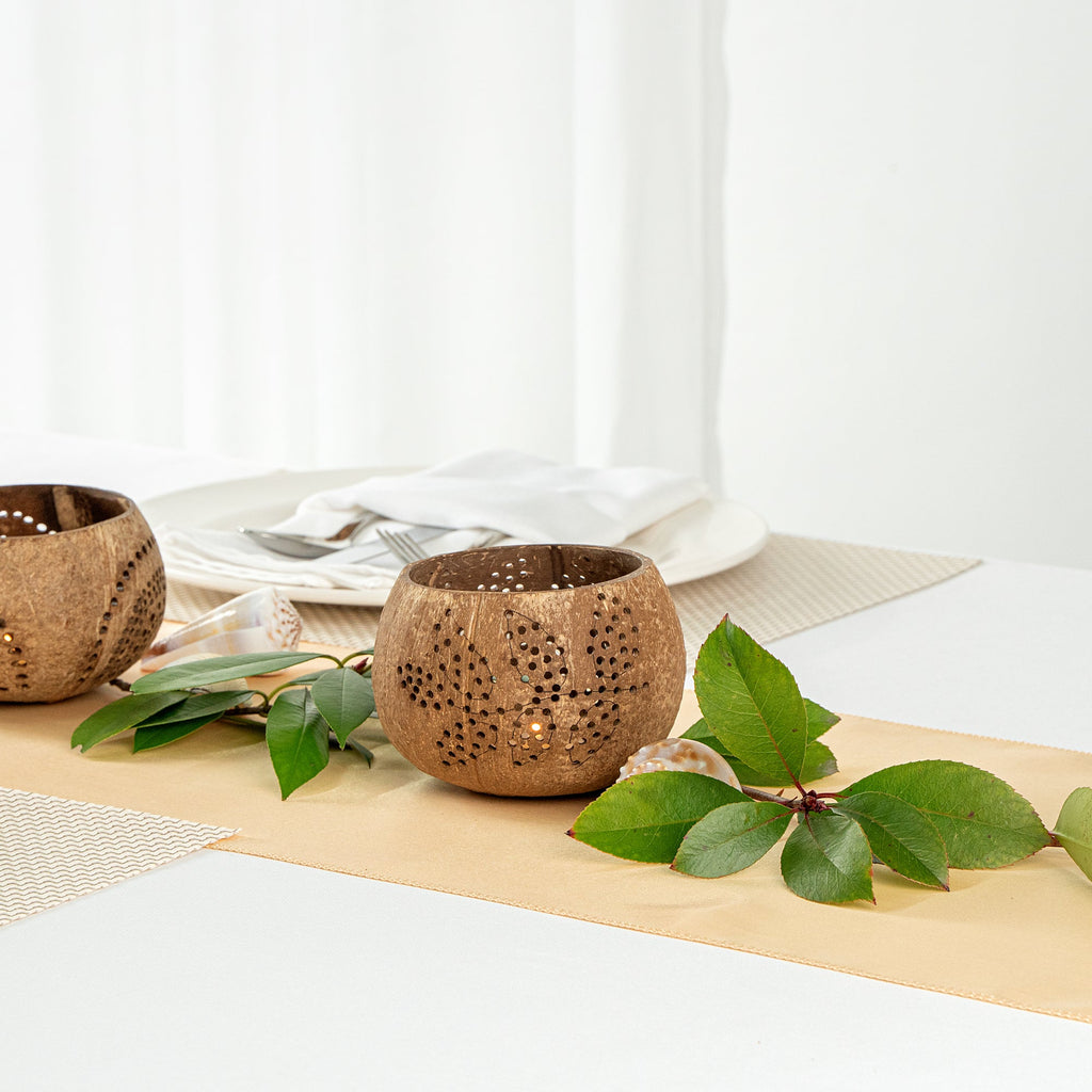 Coco Casa Brown Handmade Coconut Shell Candle Holder - Leaf Pattern - 4" x 4" x 3 1/4" - 1 count box