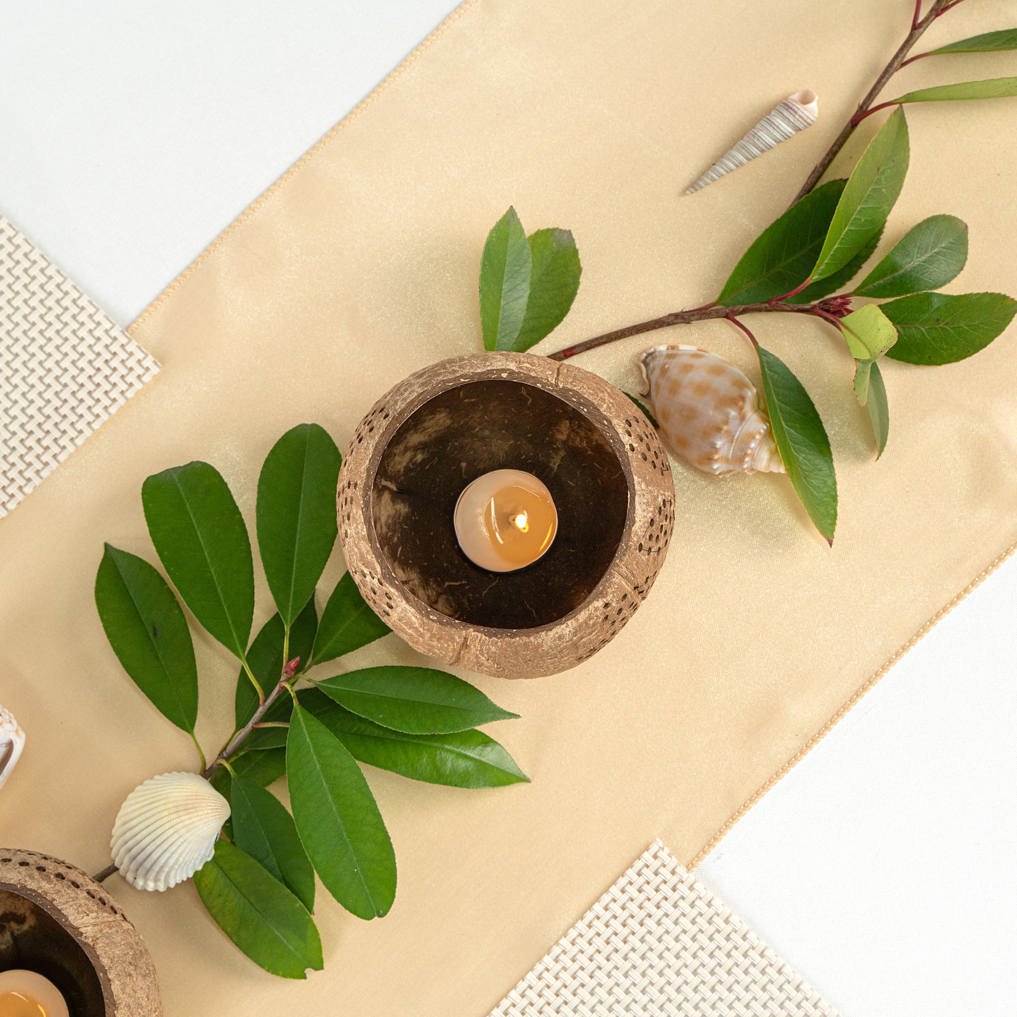 Coco Casa Brown Handmade Coconut Shell Candle Holder - Leaf Pattern - 4" x 4" x 3 1/4" - 1 count box