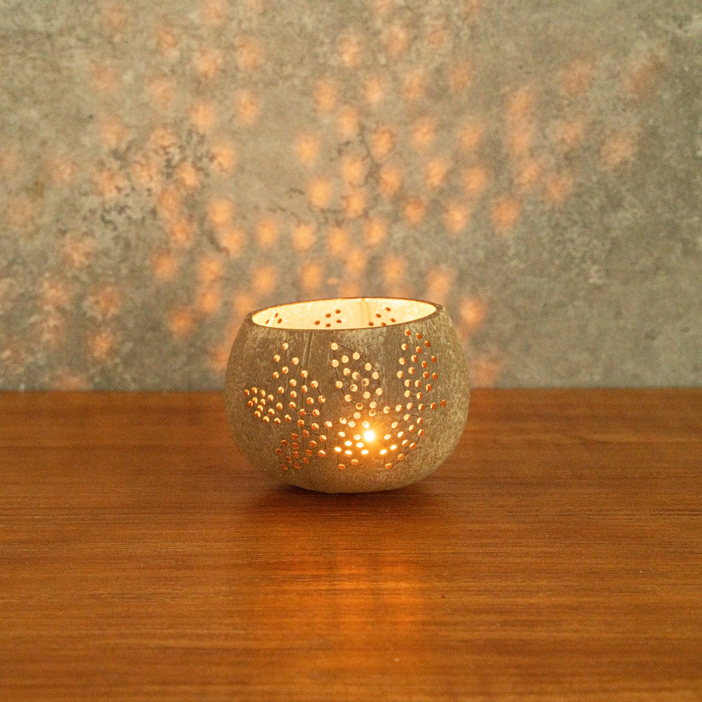 Coco Casa Brown Handmade Coconut Shell Candle Holder - Leaf Pattern - 4" x 4" x 3 1/4" - 1 count box