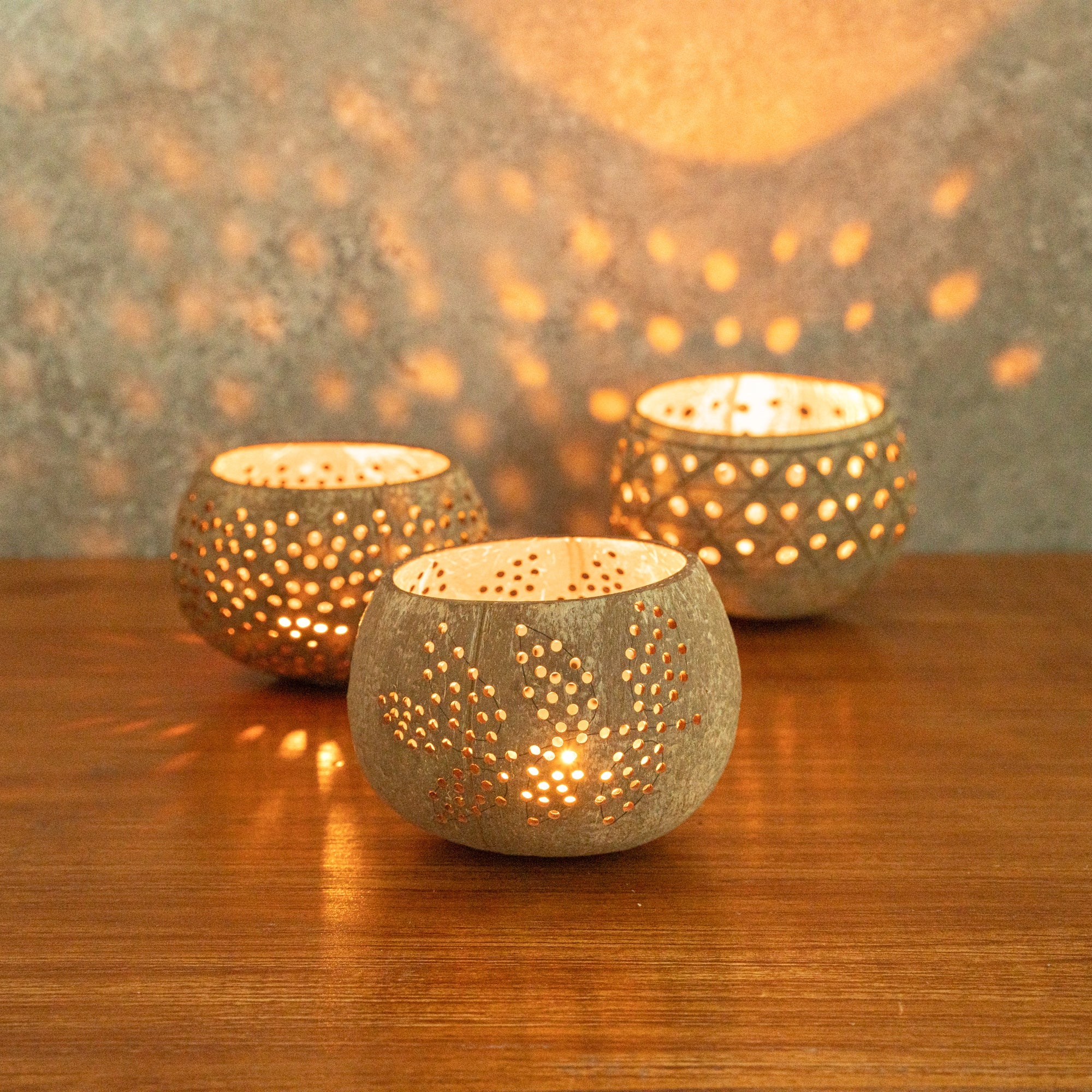 Coco Casa Brown Handmade Coconut Shell Candle Holder - Leaf Pattern - 4" x 4" x 3 1/4" - 1 count box
