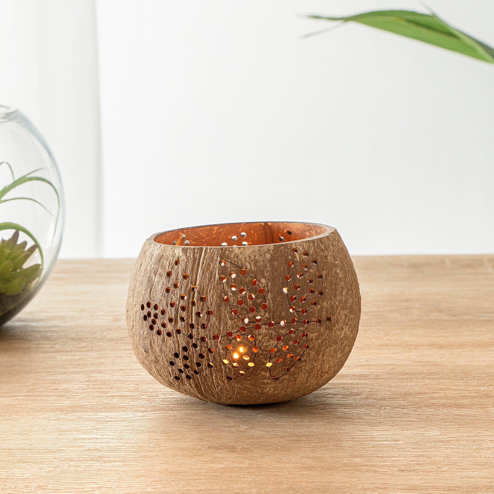 Coco Casa Brown Handmade Coconut Shell Candle Holder - Leaf Pattern - 4" x 4" x 3 1/4" - 10 count box