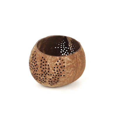 Coco Casa Brown Handmade Coconut Shell Candle Holder - Leaf Pattern - 4" x 4" x 3 1/4" - 10 count box