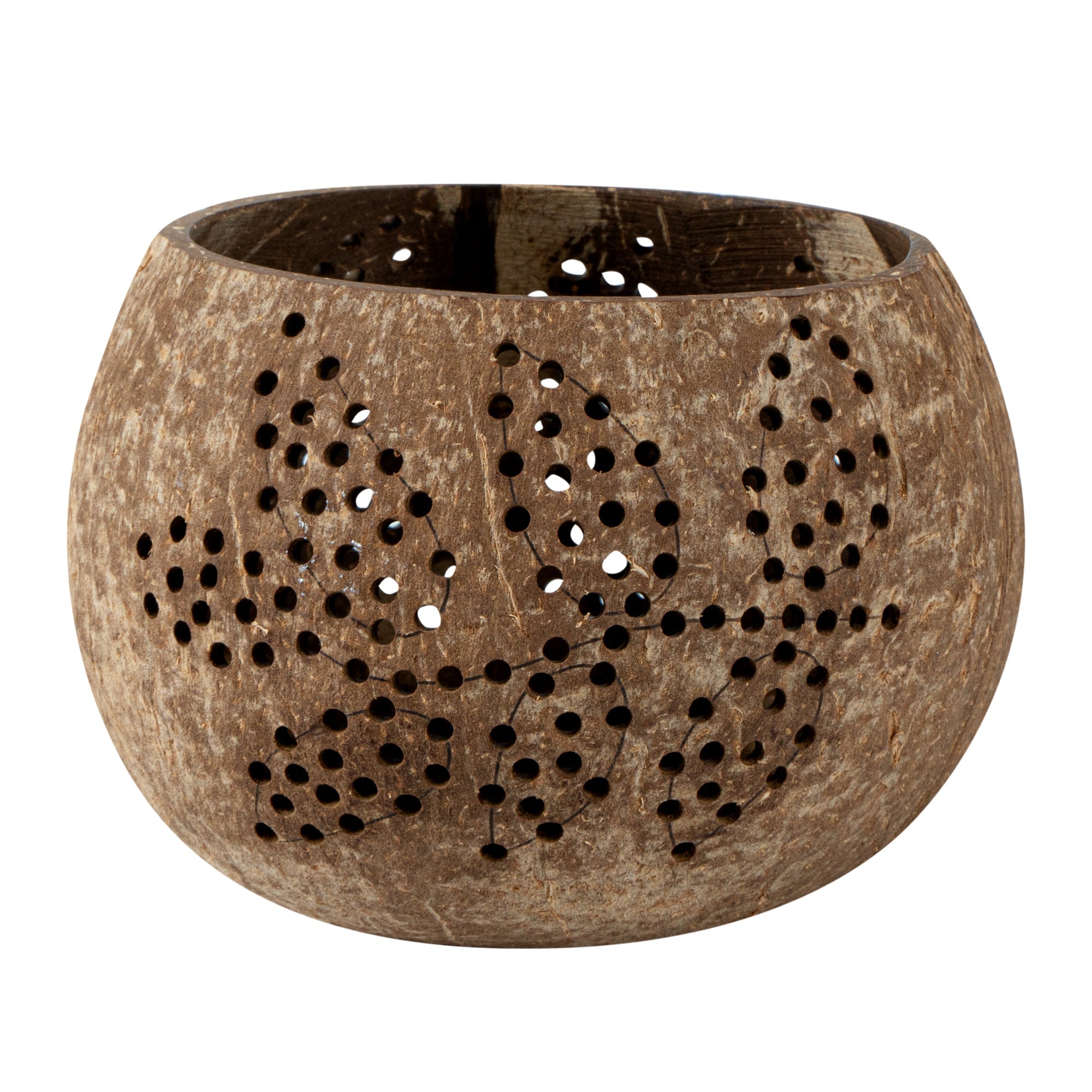Coco Casa Brown Handmade Coconut Shell Candle Holder - Leaf Pattern - 4" x 4" x 3 1/4" - 10 count box