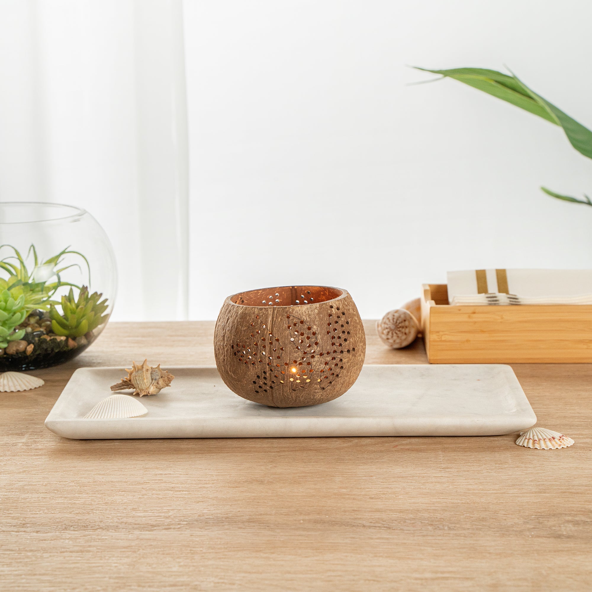 Coco Casa Brown Handmade Coconut Shell Candle Holder - Leaf Pattern - 4" x 4" x 3 1/4" - 10 count box