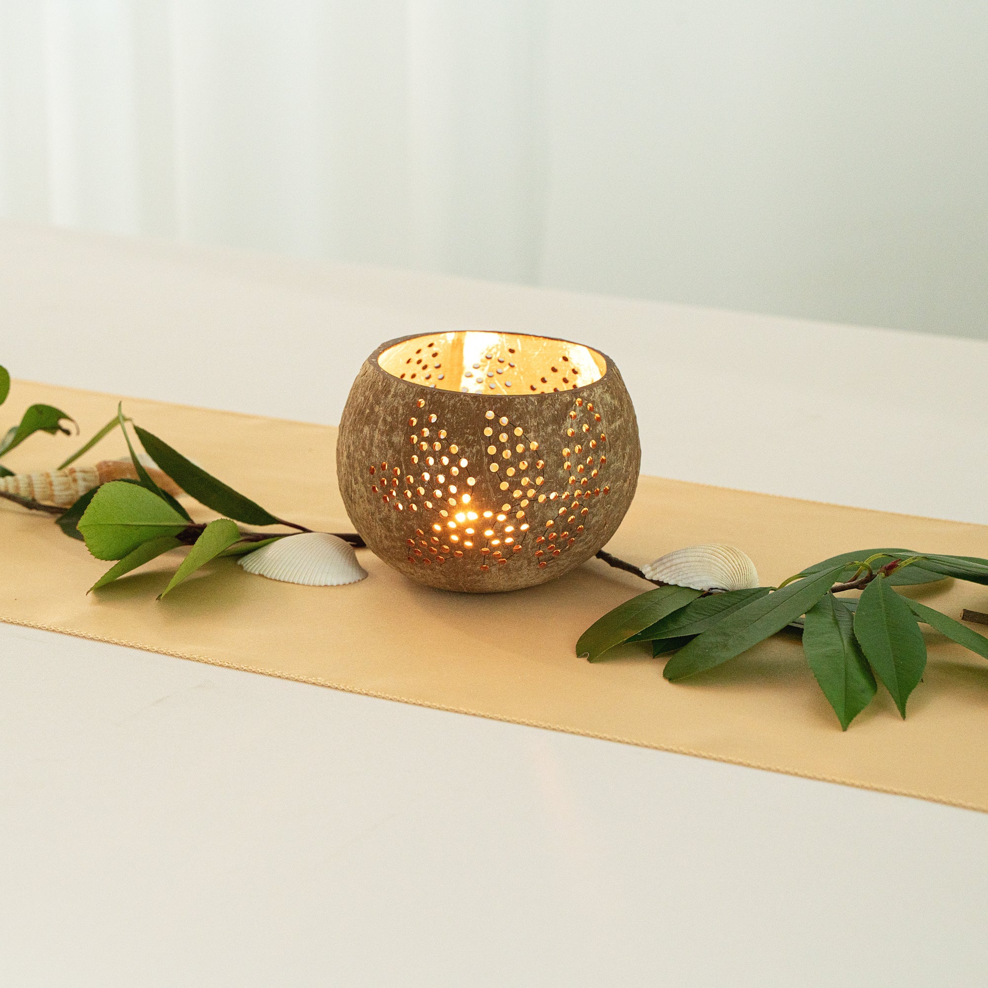 Coco Casa Brown Handmade Coconut Shell Candle Holder - Leaf Pattern - 4" x 4" x 3 1/4" - 10 count box
