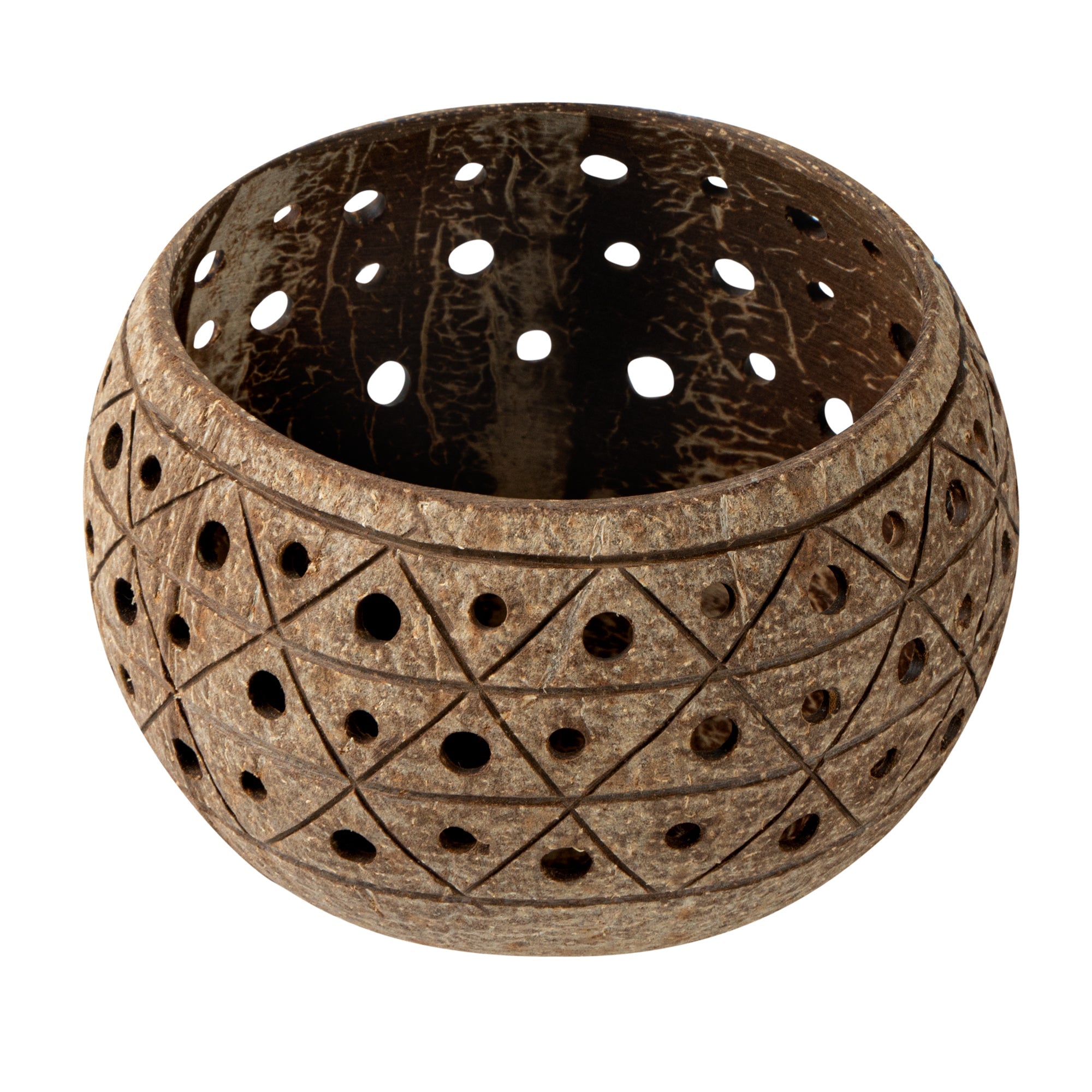Coco Casa Tan Handmade Coconut Shell Candle Holder - Geometric Pattern - 4" x 4" x 3 1/4" - 1 count box