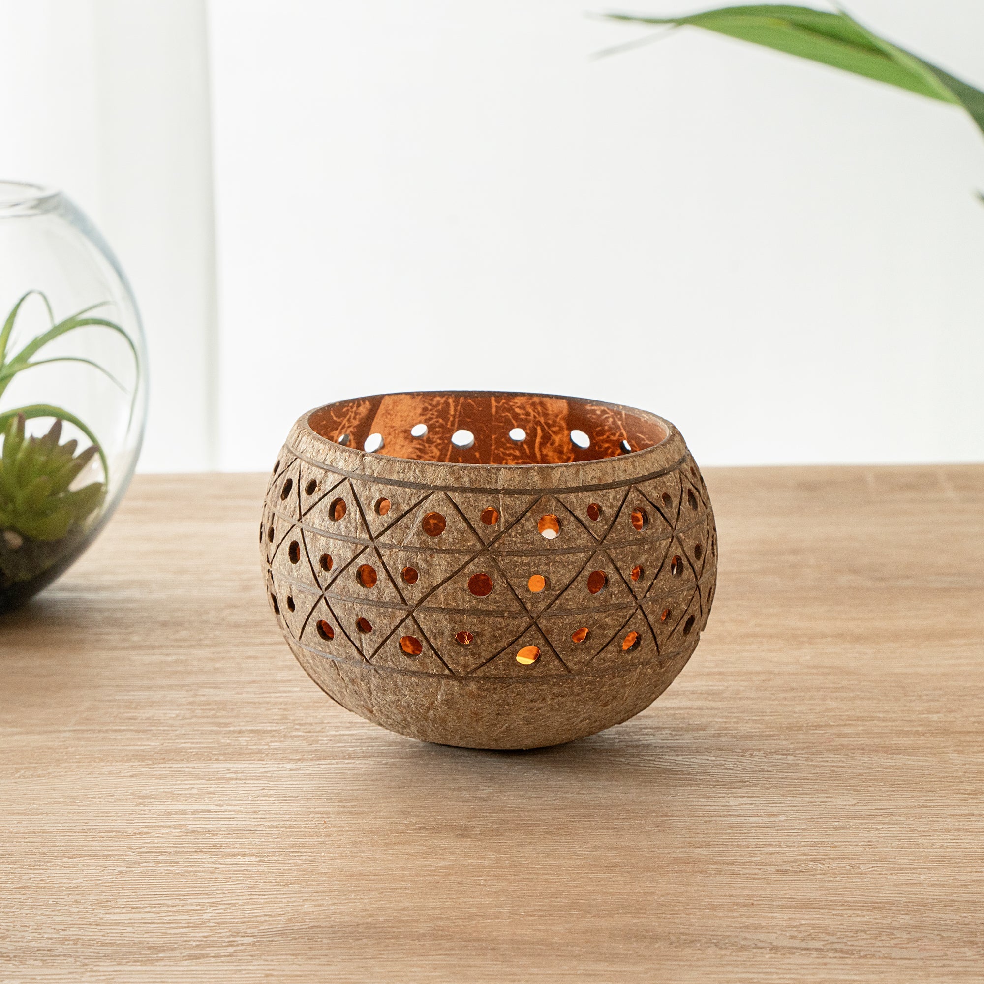 Coco Casa Tan Handmade Coconut Shell Candle Holder - Geometric Pattern - 4" x 4" x 3 1/4" - 1 count box