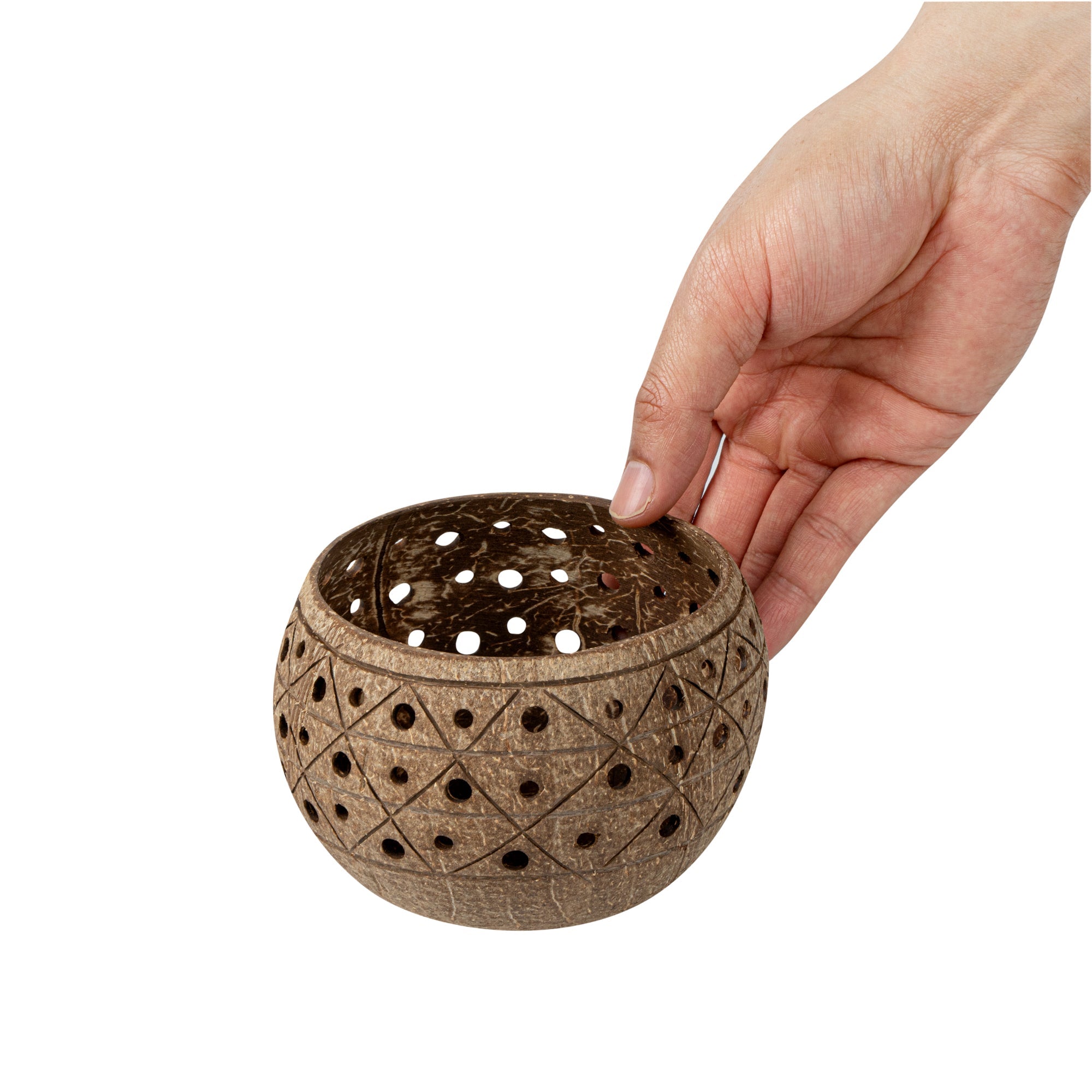 Coco Casa Tan Handmade Coconut Shell Candle Holder - Geometric Pattern - 4" x 4" x 3 1/4" - 1 count box