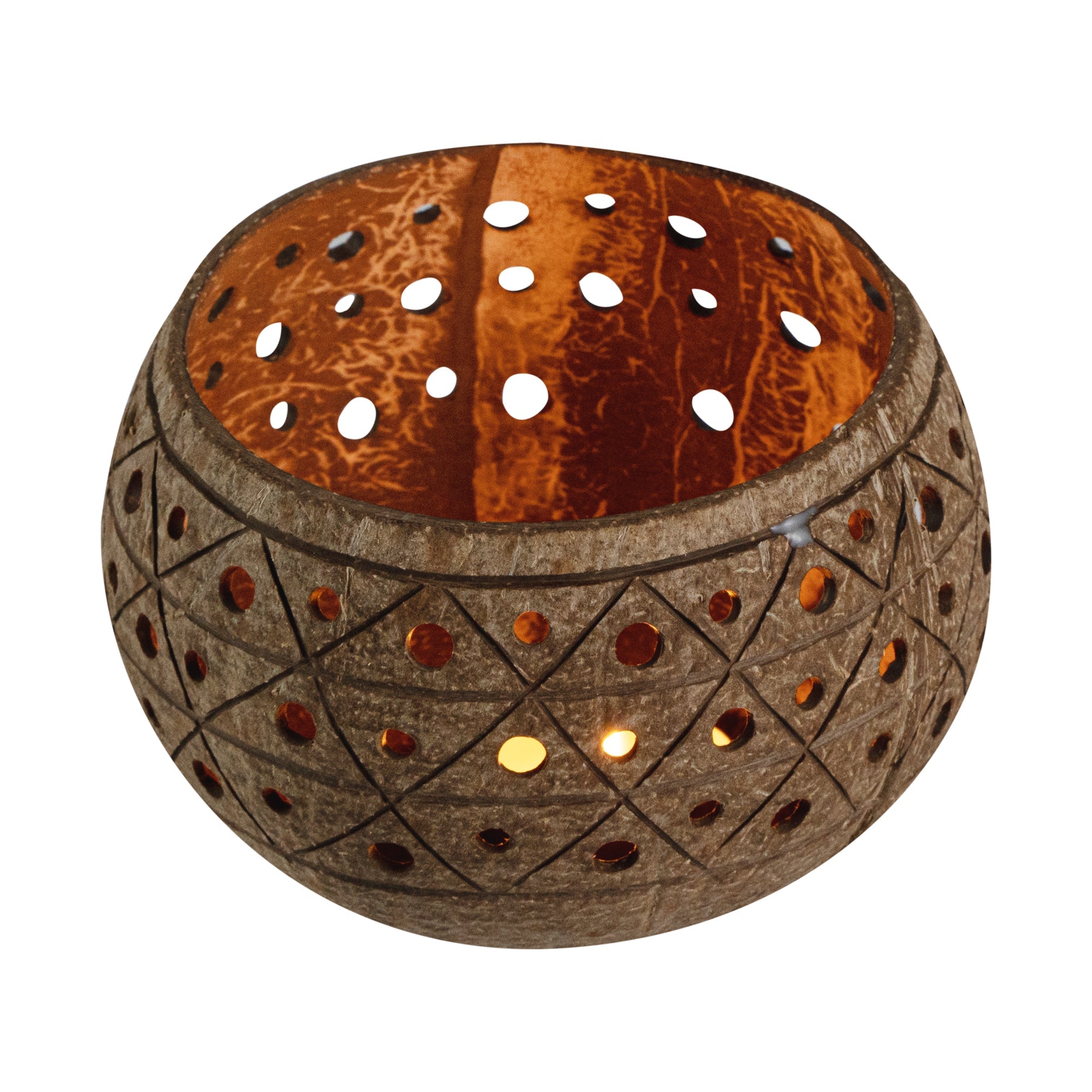 Coco Casa Tan Handmade Coconut Shell Candle Holder - Geometric Pattern - 4" x 4" x 3 1/4" - 1 count box