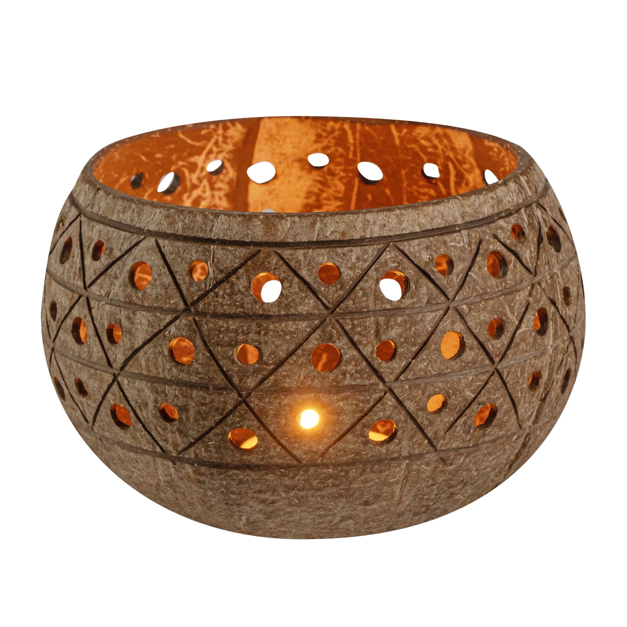 Coco Casa Tan Handmade Coconut Shell Candle Holder - Geometric Pattern - 4" x 4" x 3 1/4" - 1 count box