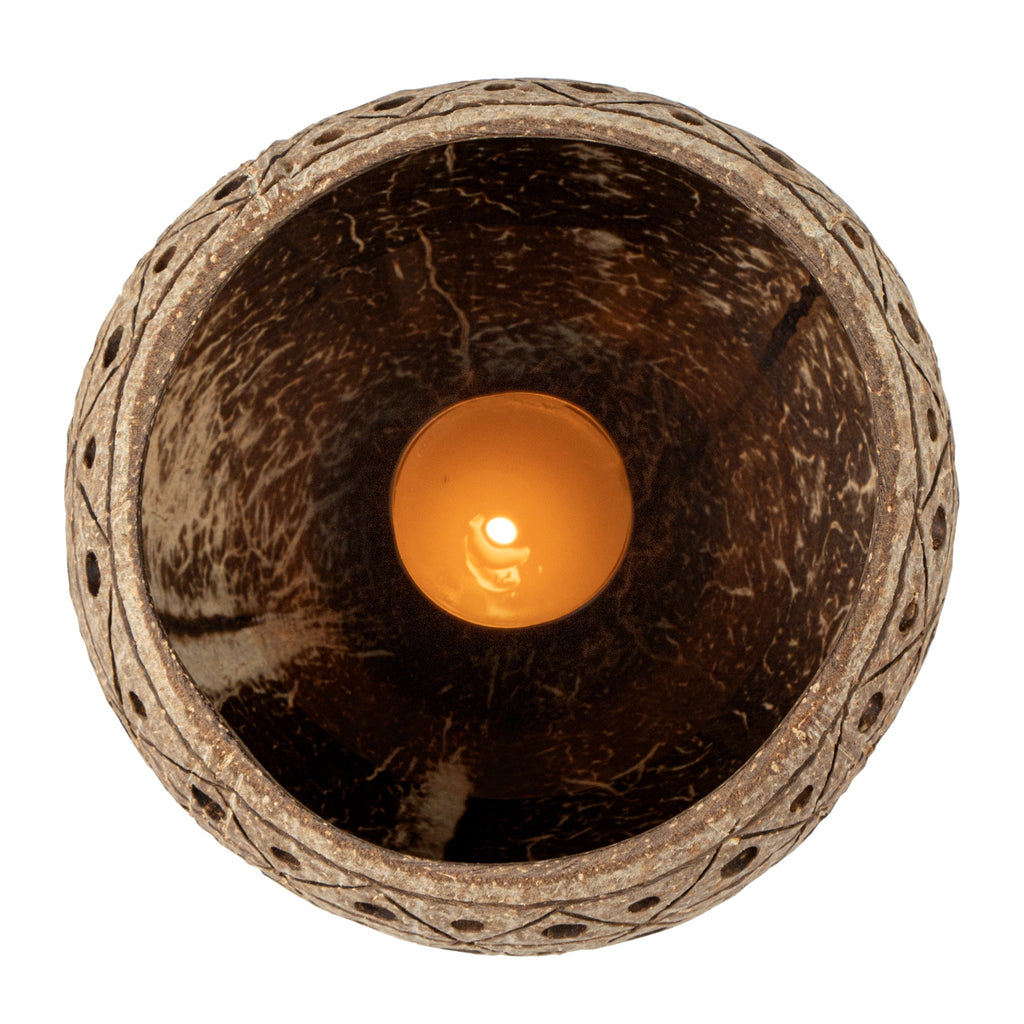 Coco Casa Tan Handmade Coconut Shell Candle Holder - Geometric Pattern - 4" x 4" x 3 1/4" - 1 count box