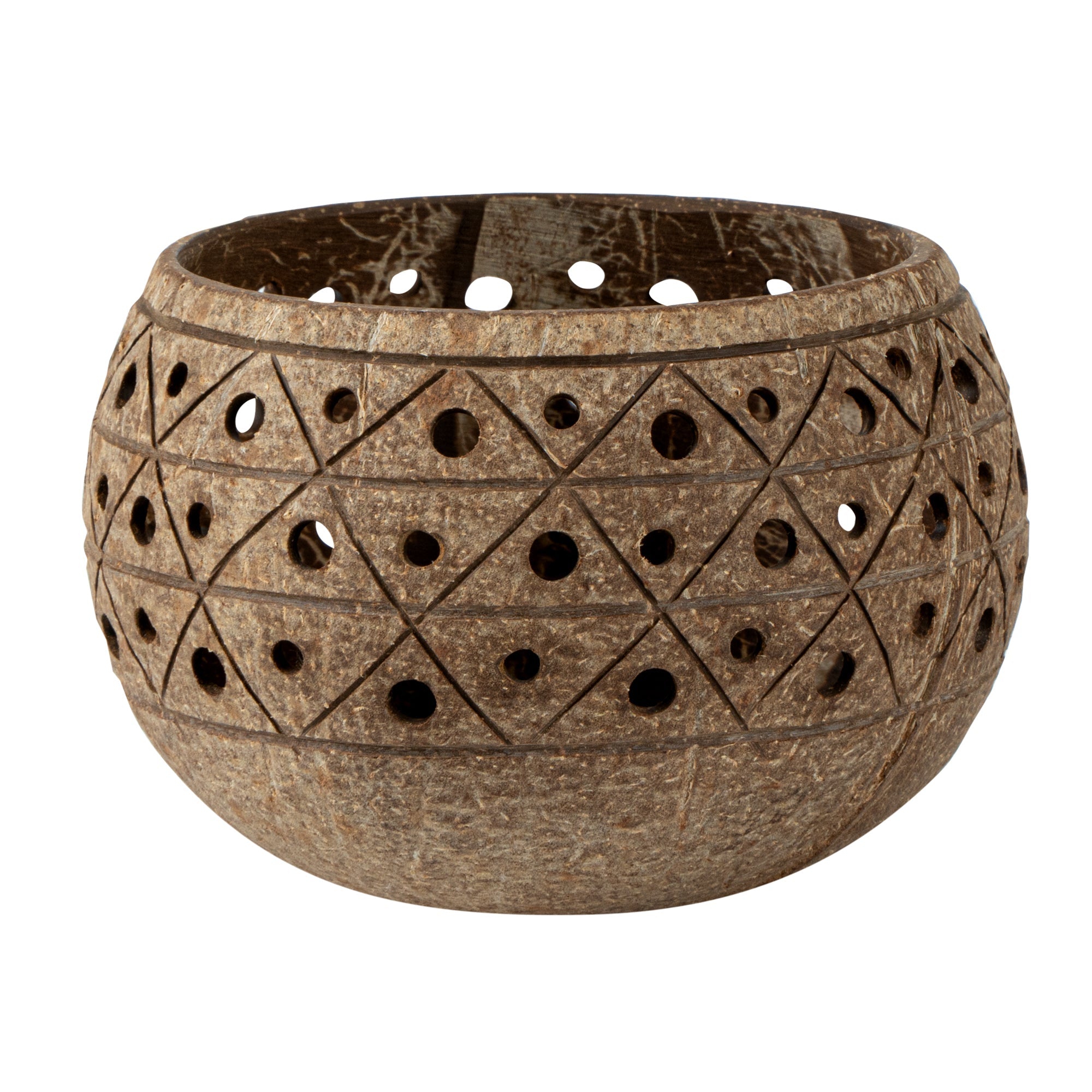 Coco Casa Tan Handmade Coconut Shell Candle Holder - Geometric Pattern - 4" x 4" x 3 1/4" - 1 count box