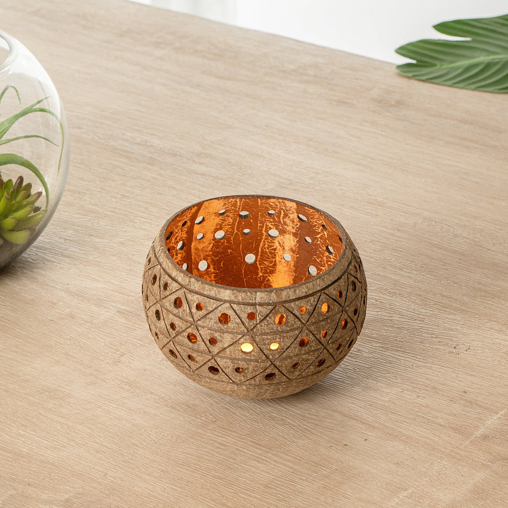 Coco Casa Tan Handmade Coconut Shell Candle Holder - Geometric Pattern - 4" x 4" x 3 1/4" - 1 count box