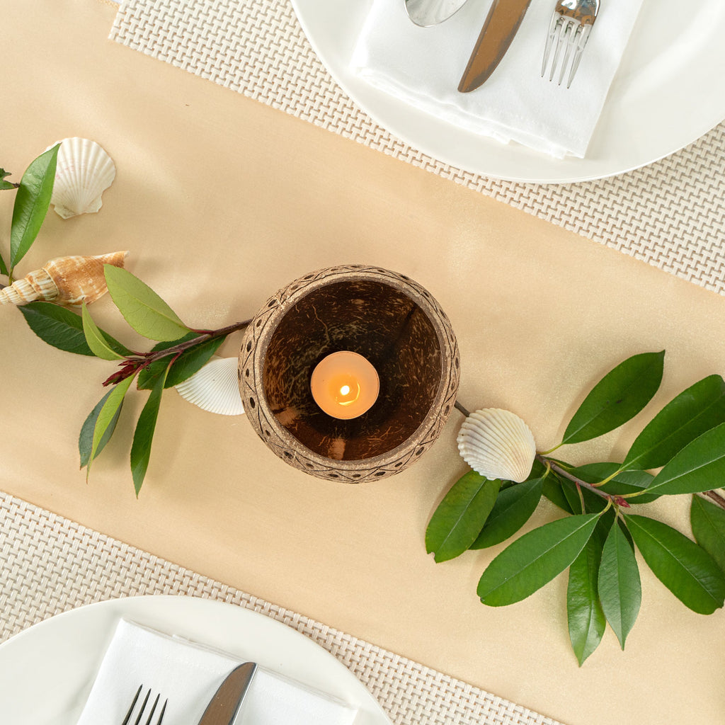 Coco Casa Tan Handmade Coconut Shell Candle Holder - Geometric Pattern - 4" x 4" x 3 1/4" - 1 count box