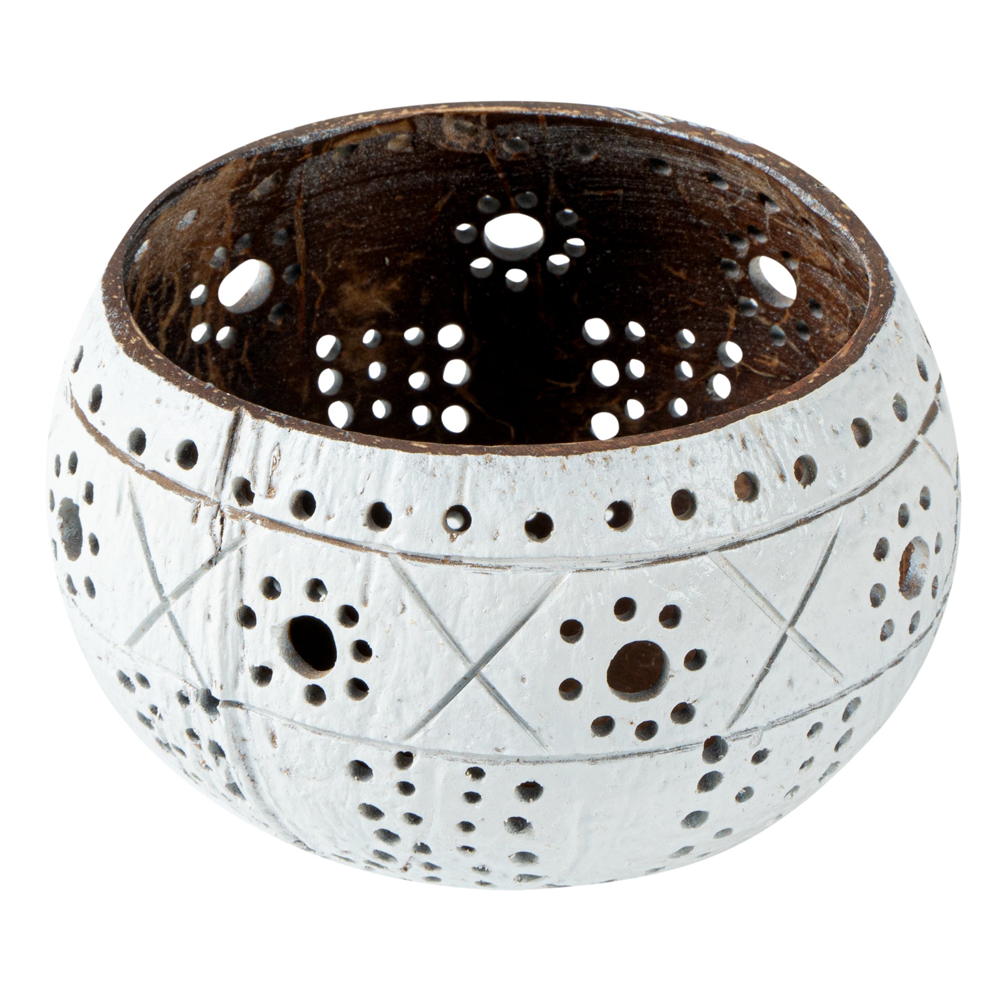 Coco Casa White Handmade Coconut Shell Candle Holder - Sun and Light Pattern - 4" x 4" x 3 1/4" - 1 count box