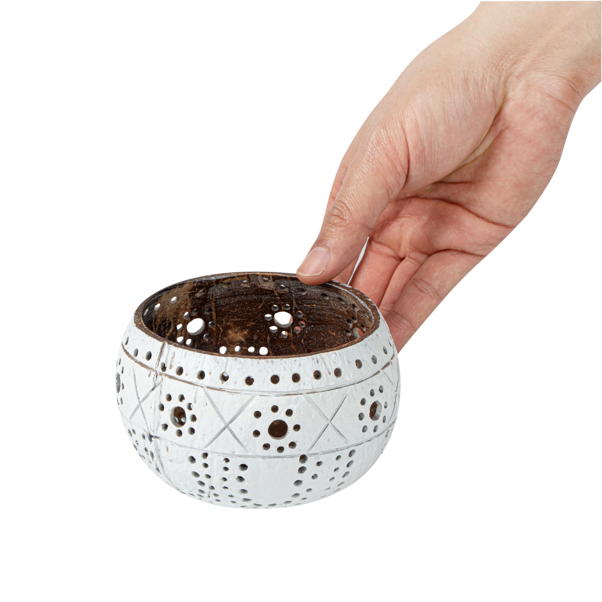 Coco Casa White Handmade Coconut Shell Candle Holder - Sun and Light Pattern - 4" x 4" x 3 1/4" - 1 count box