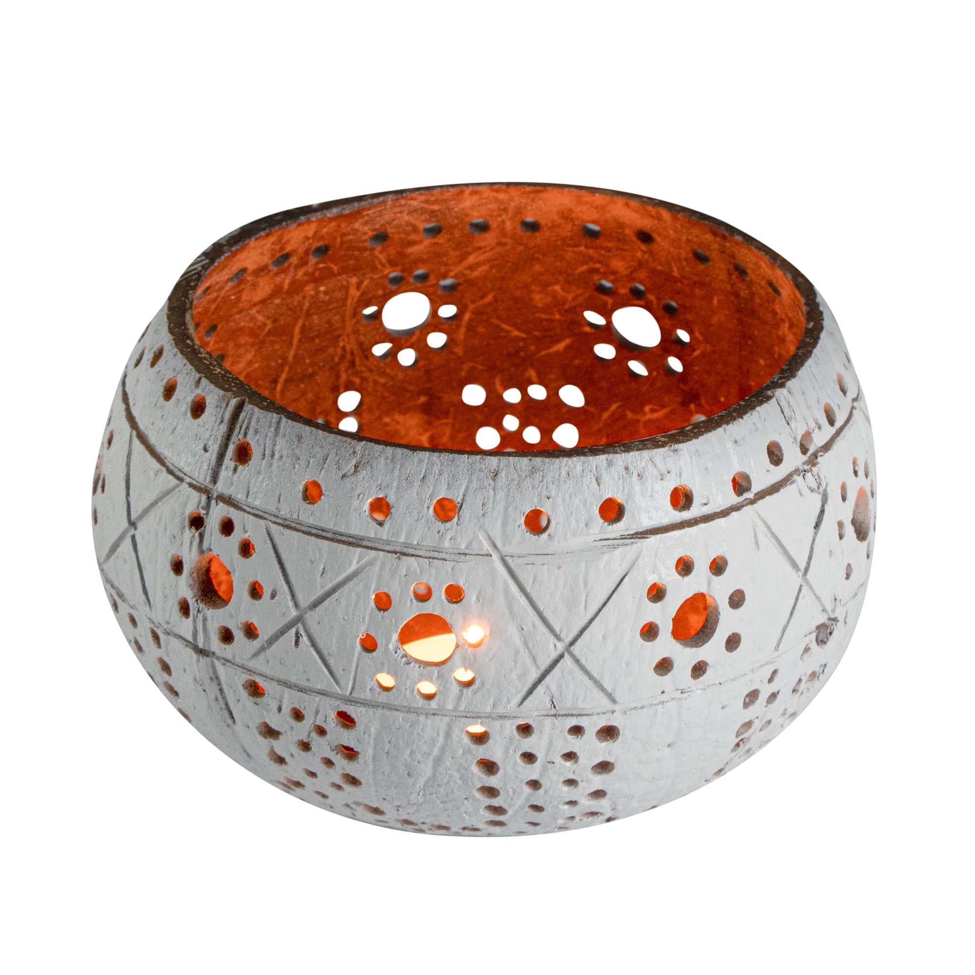 Coco Casa White Handmade Coconut Shell Candle Holder - Sun and Light Pattern - 4" x 4" x 3 1/4" - 1 count box