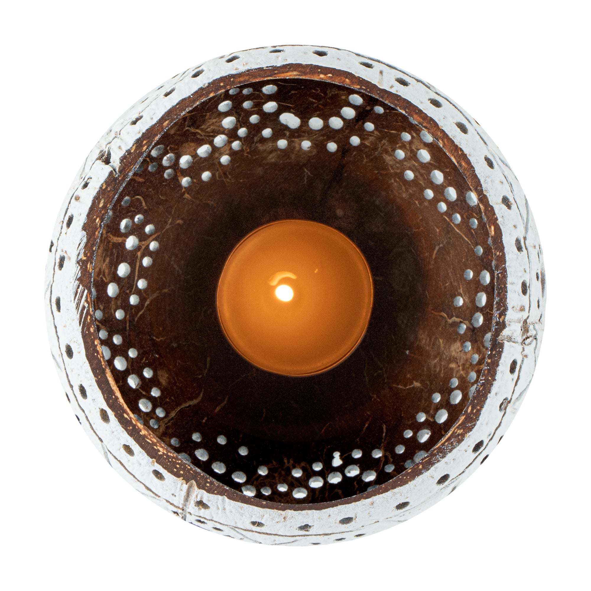 Coco Casa White Handmade Coconut Shell Candle Holder - Sun and Light Pattern - 4" x 4" x 3 1/4" - 1 count box