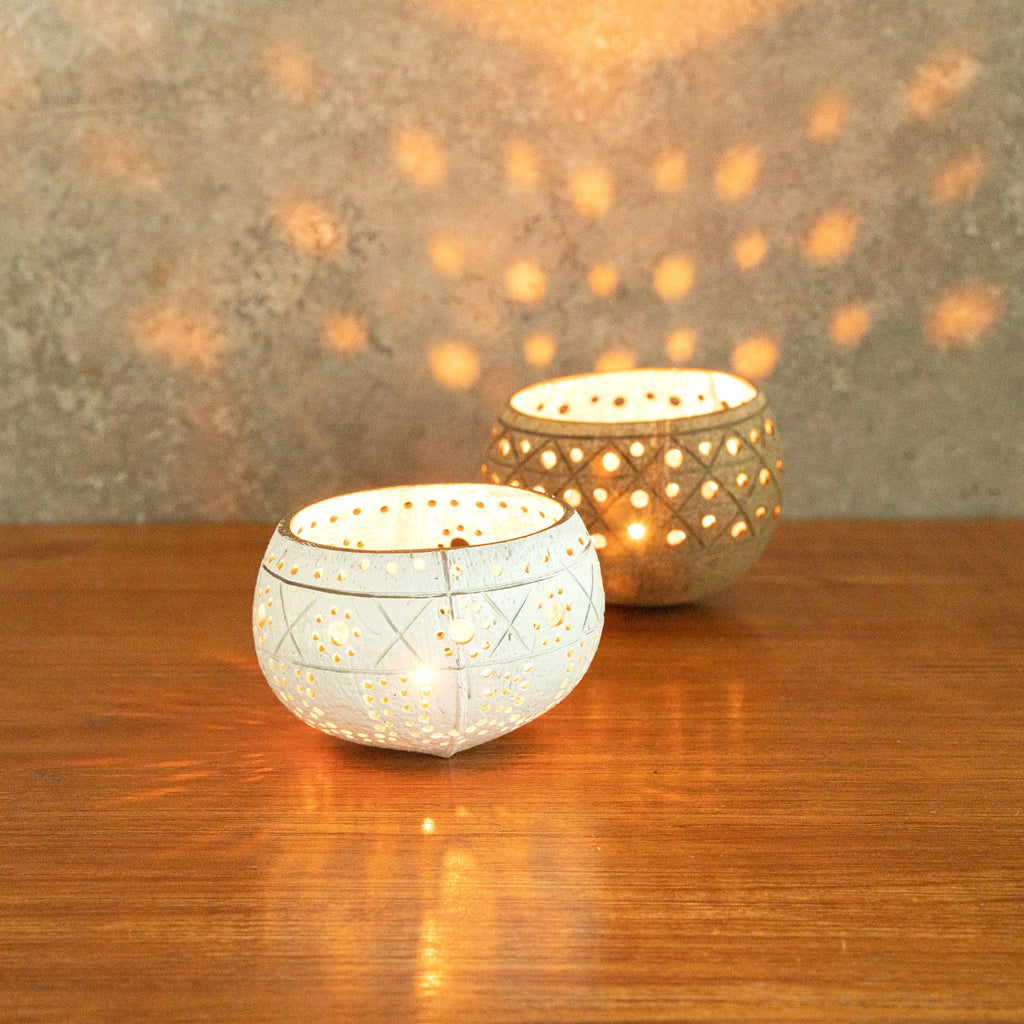 Coco Casa White Handmade Coconut Shell Candle Holder - Sun and Light Pattern - 4" x 4" x 3 1/4" - 1 count box