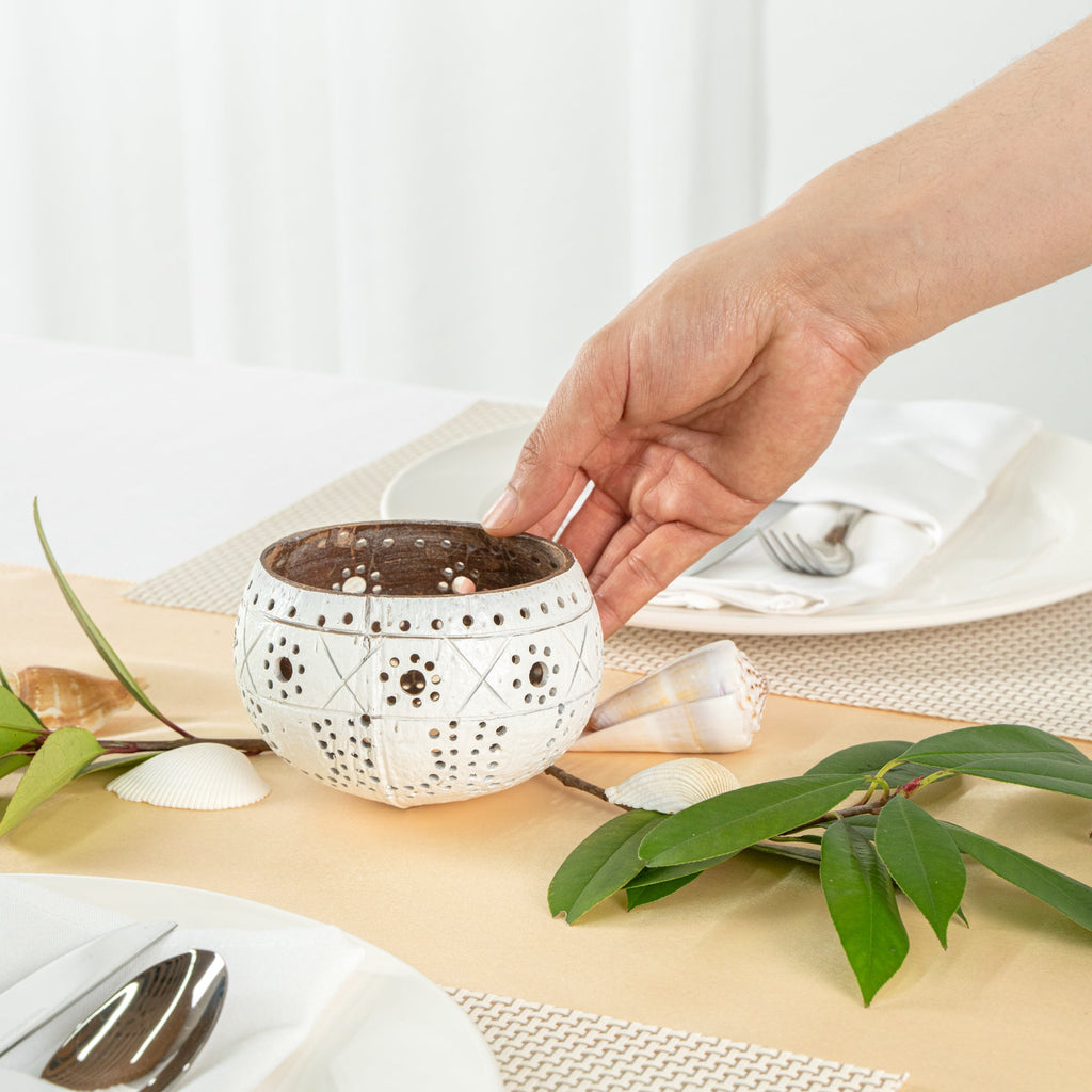 Coco Casa White Handmade Coconut Shell Candle Holder - Sun and Light Pattern - 4" x 4" x 3 1/4" - 1 count box