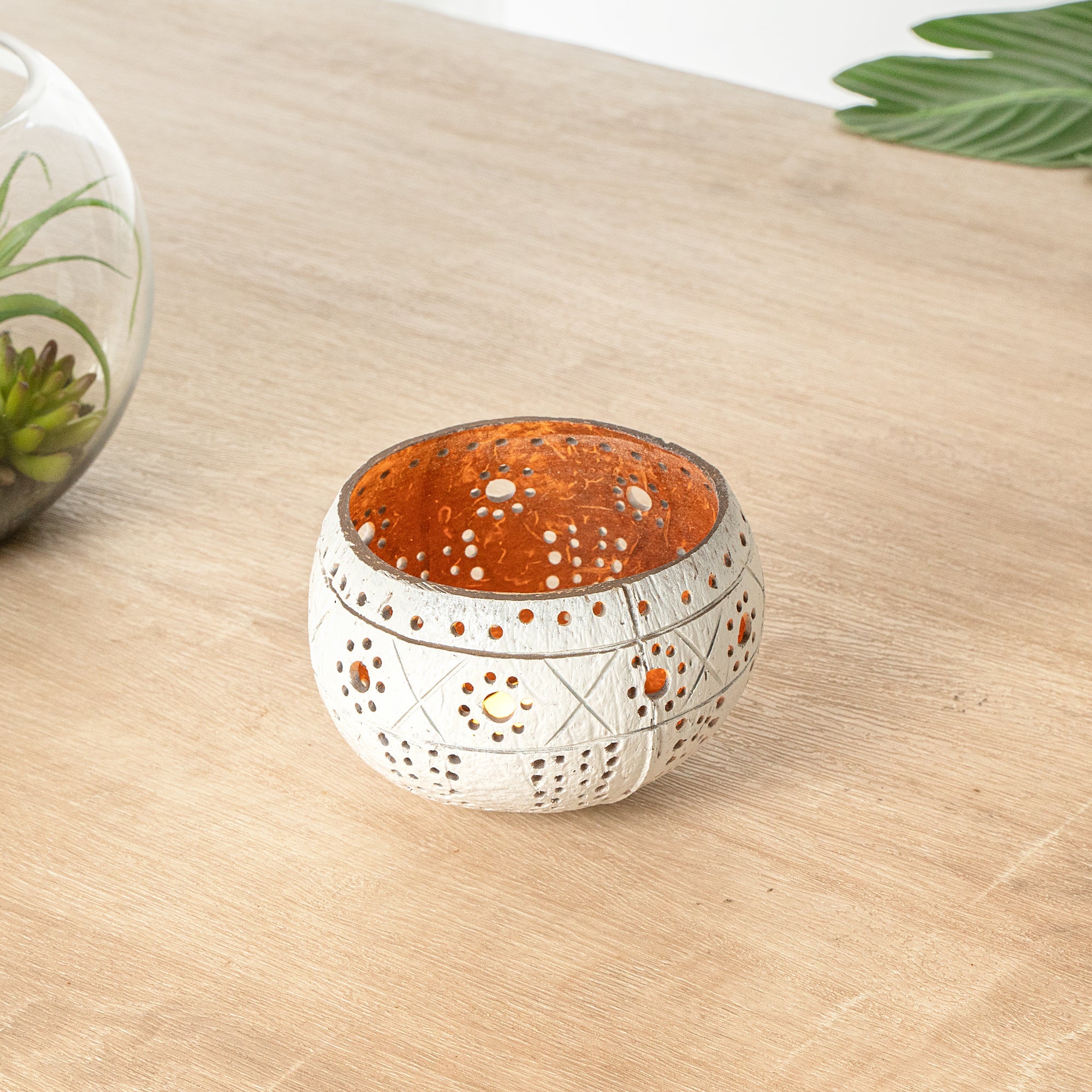Coco Casa White Handmade Coconut Shell Candle Holder - Sun and Light Pattern - 4" x 4" x 3 1/4" - 1 count box